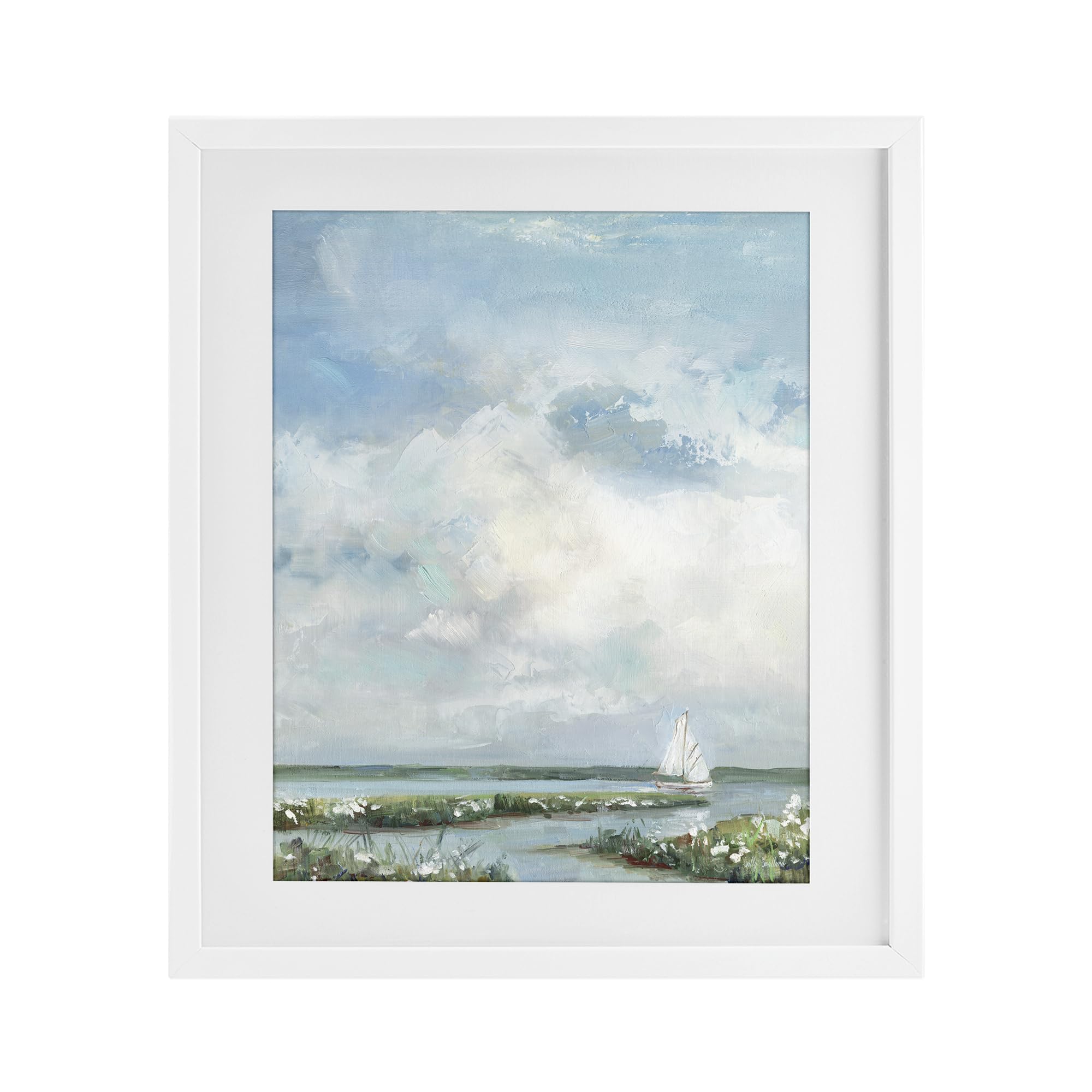 Sailboat on Summer Marsh Coastal, 17 x 21 Inch Framed Print Under Glass