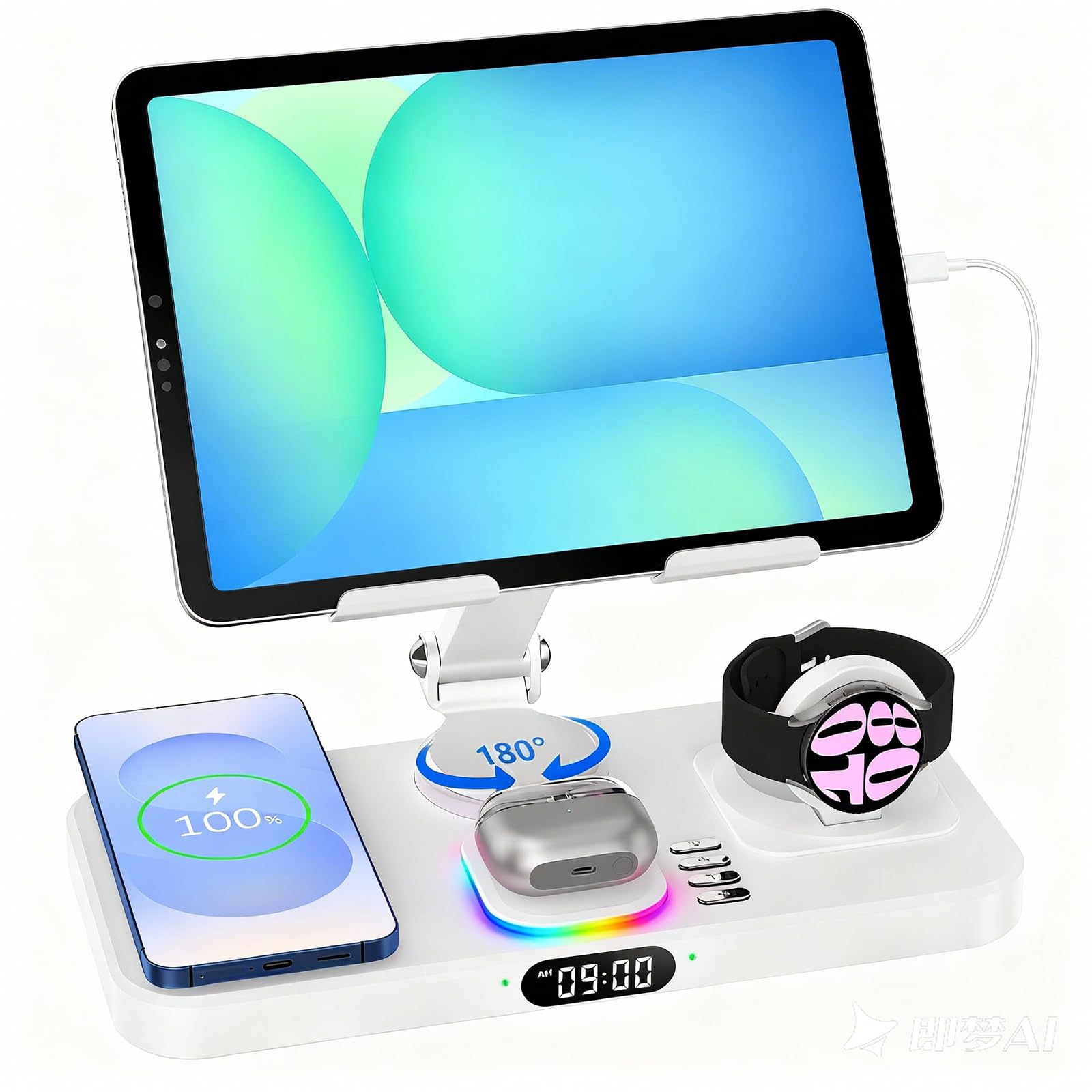 30W Tablet Wireless Charger for Samsung, Foldable Android Charging Station with Clock Display with 7-Color Light, Wireless Watch Charger for S25, Only