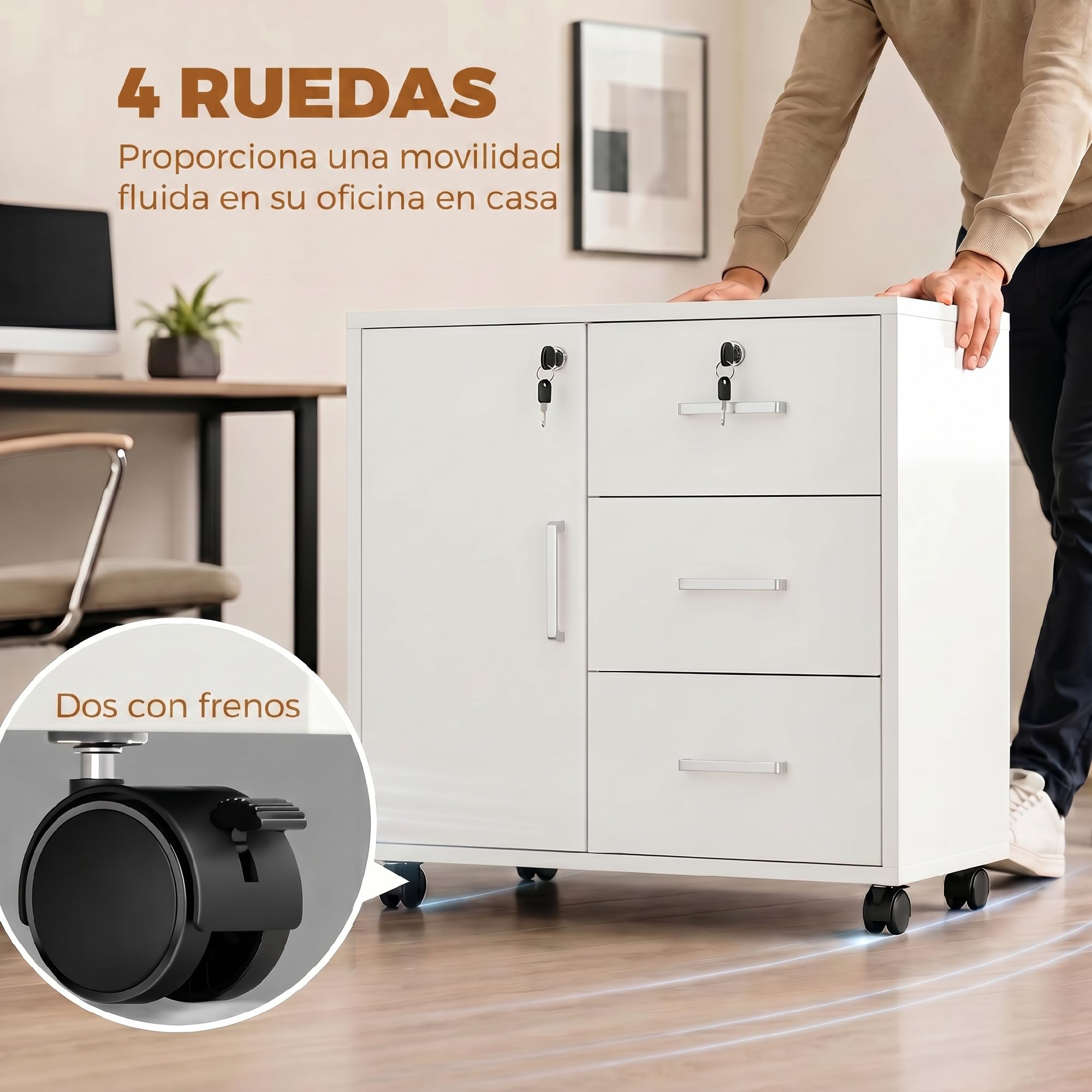 HOMCOM Mueble para Impresora con Ruedas Puerta 60x40x56 cm Blanco | Mesa para Impresora, 3 Cajones, Cerraduras, Estante Ajustable, Archivador Móvil para Oficina en Casa