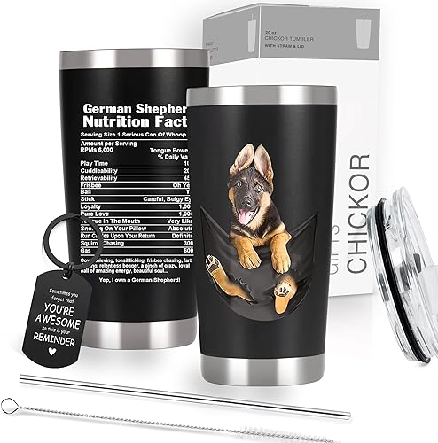 CHICKOR Regalos de pastor alemán para mujeres y hombres. Taza de café de pastor alemán de acero inoxidable, vaso de viaje de 20 onzas con pajita,