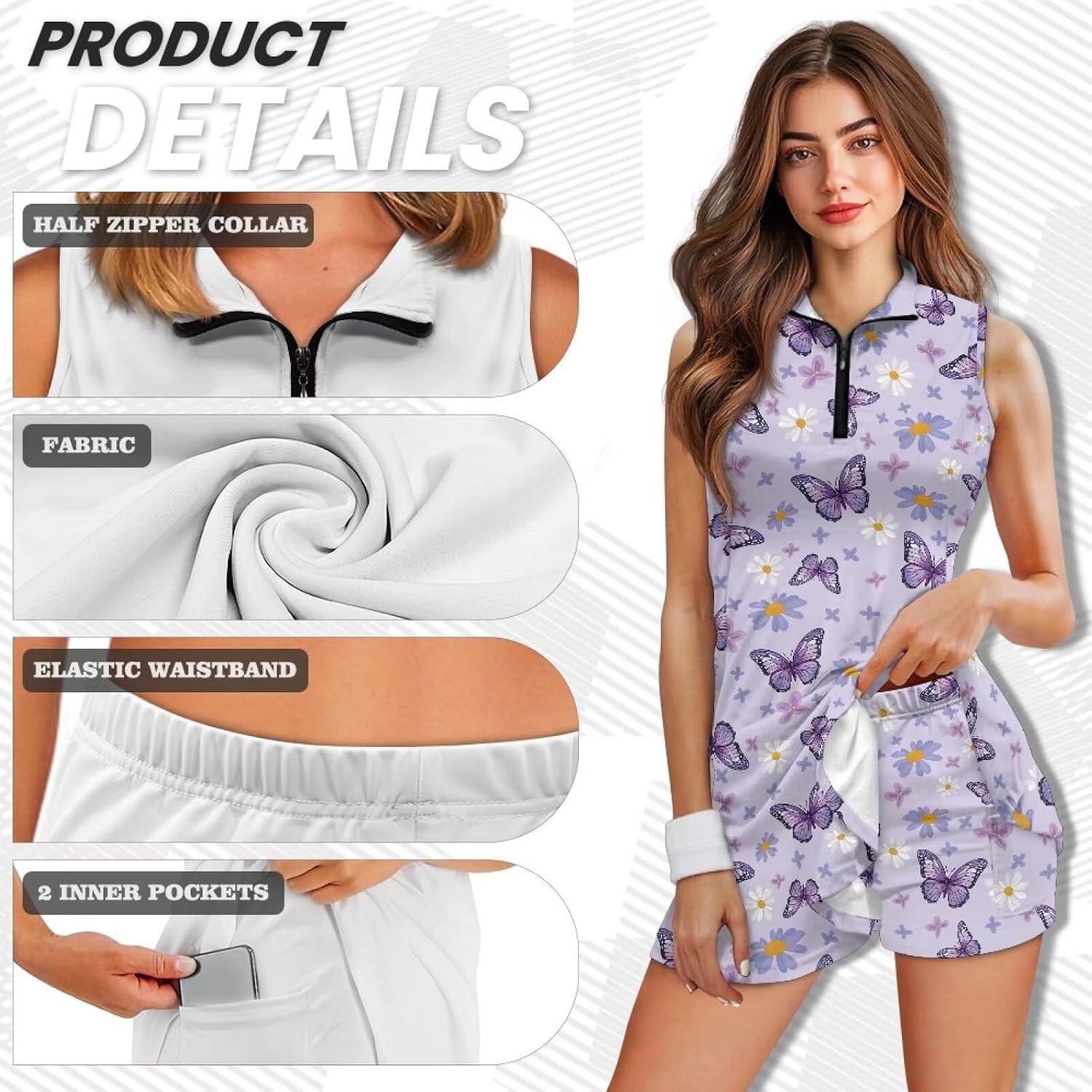 Uourmeti Active Wear Dress for Women Tennis Dresses with Shorts 2 Piece Set Sleeveless Golf Dress Plus Size