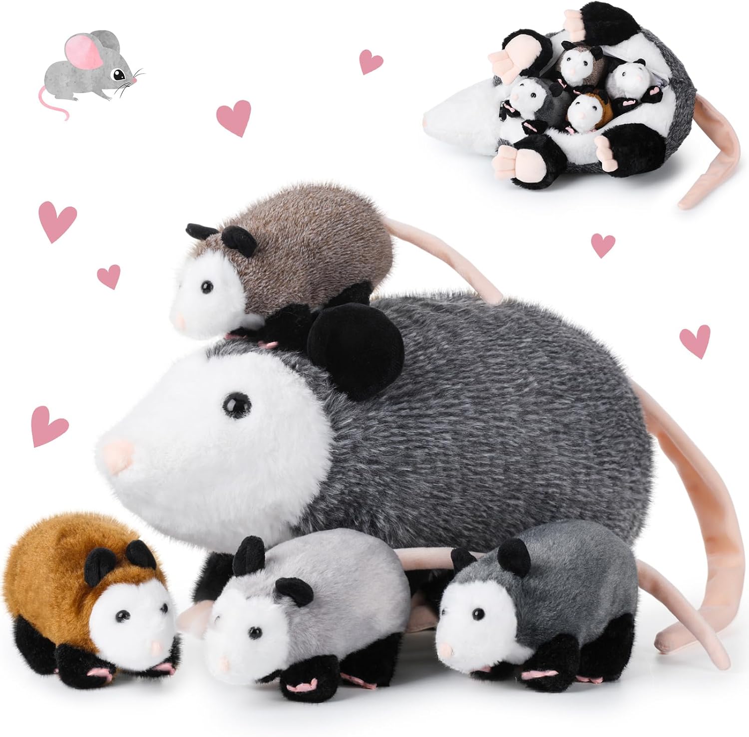 5 Pcs Opossum Stuffed Animals Set: 14'' Large Mommy Possum Plush with 4 Small Babies Opossums in Zippered Tummy Stuffed Plush Toys Gift for Kids Girls Boys Christmas Birthday Possum Lover