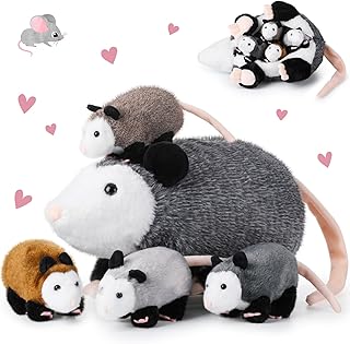5 Pcs Opossum Stuffed Animals Set: 14'' Large Mommy Possum Plush with 4 Small Babies Opossums in Zippered Tummy Stuffed Plush Toys Gift for Kids Girls Boys Christmas Birthday Possum Lover