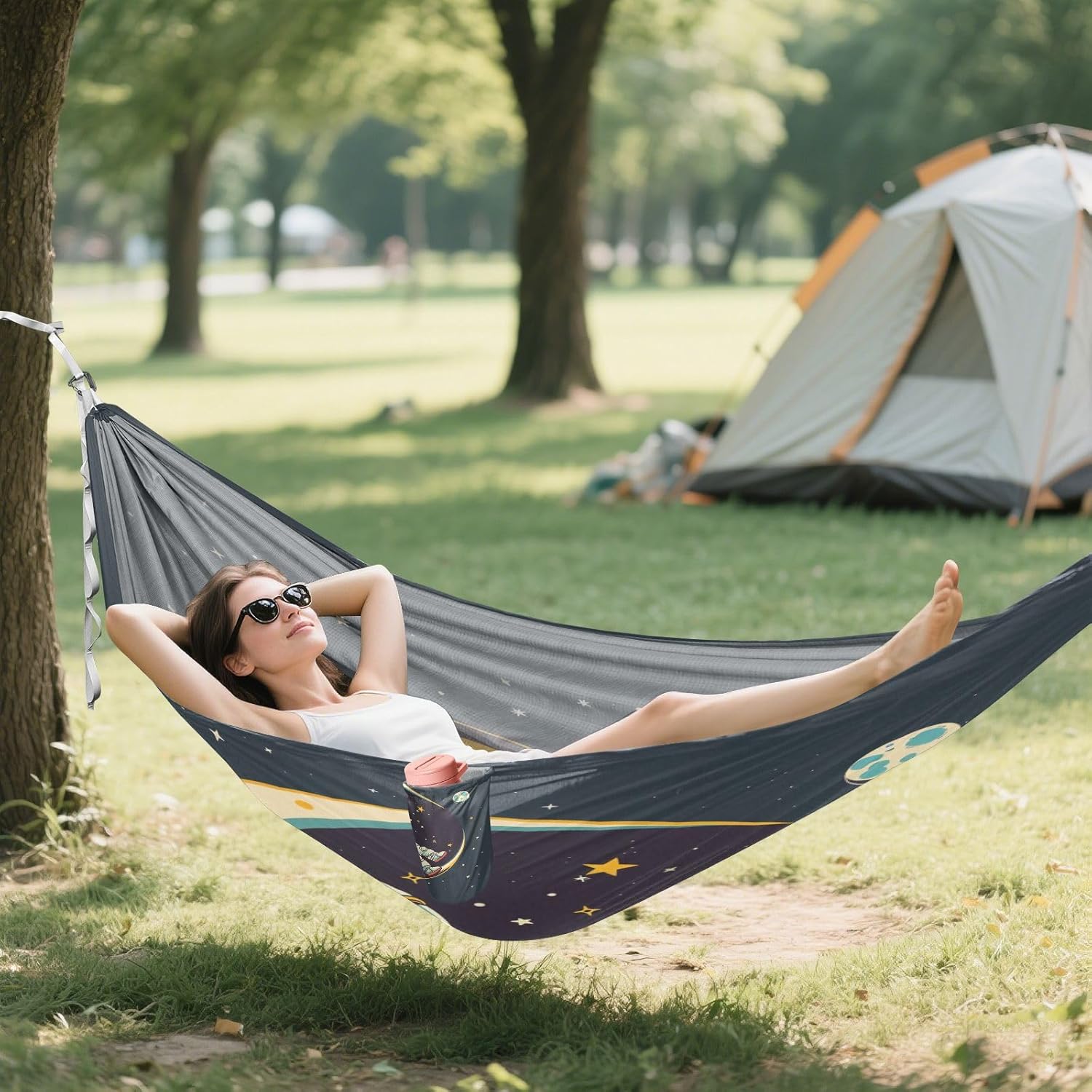 ALAZA Cute Astronaut Stars Camping Hammocks Single or 2 Person 500 lbs Portable Parachute Travel Hammock w/Tree Straps for Hiking Backpacking Indoor Outdoor