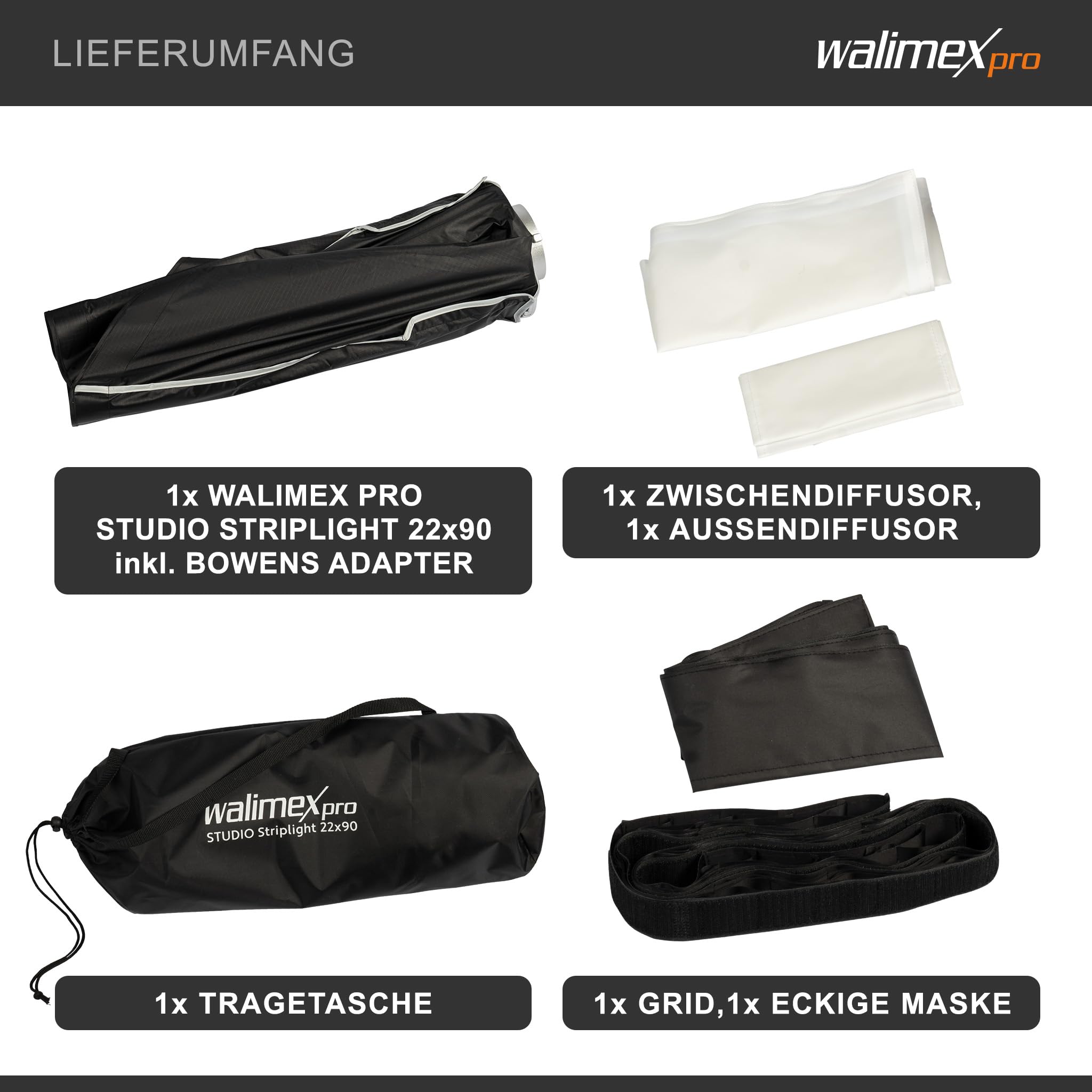 Walimex pro Studio Striplight Softbox 22 x 90 cm, Lichtformer um 360° drehbar, einfacher Aufbau dank Schirmfunktion, inkl. Grid, Maske, Bowens Adapter u. Tasche, ideal für Produkt- u. Peoplefotografie