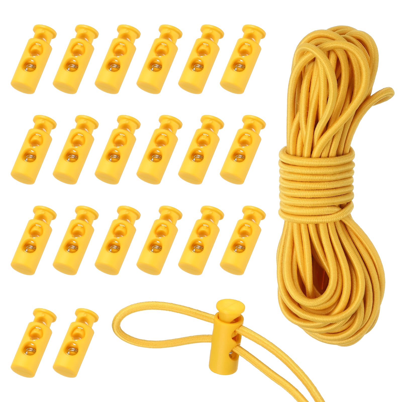 sourcing map 20 Pcs Plastic Cord Locks & 5M/16 ft Elastic Cord, Double-Hole Toggles for Drawstrings End Stopper Fastener Slider Toggles Clip for Shoelaces Backpacks Replacement, Yellow