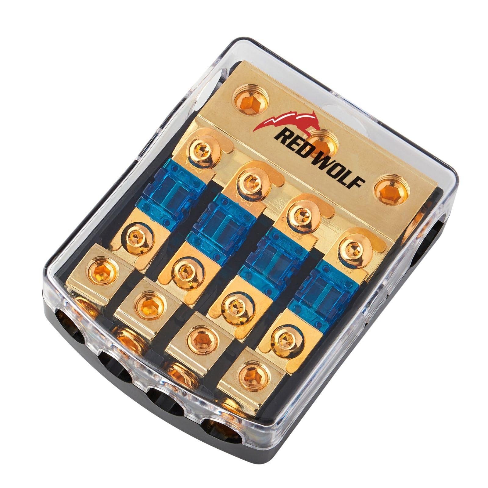 RED WOLF 4 Wege Kfz Stromverteiler mit 60 Ampere Flachsicherungen, Mini ANL Sicherungshalter 60A für Auto Audio Stereo Autobatterie Sicherungshalter 0/2/4 Gauge In 4/8 Gauge Out Verteilerblock