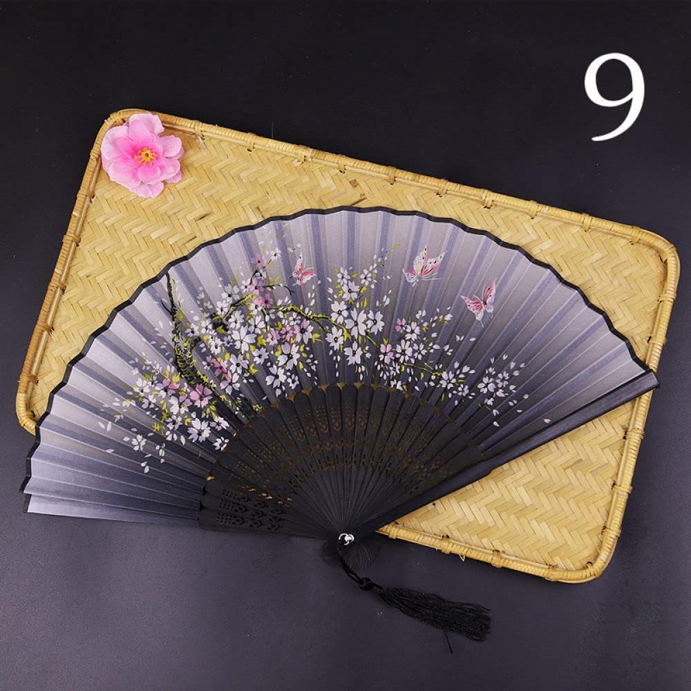 Hand Fan Folding, 2Pc Exquisite Pink Butterfly Floral Hand Fan Foldable with Tassel Grey Handmade Japanese Chinese Fan Home Decorative Folding Fans for Dance Wedding Gift