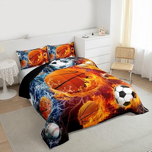 Miniatura 6 de Erosebridal Juego de ropa de cama deportiva para niños, tamaño individual, juego de edredón de béisbol y baloncesto, juego de edredón de fútbol para