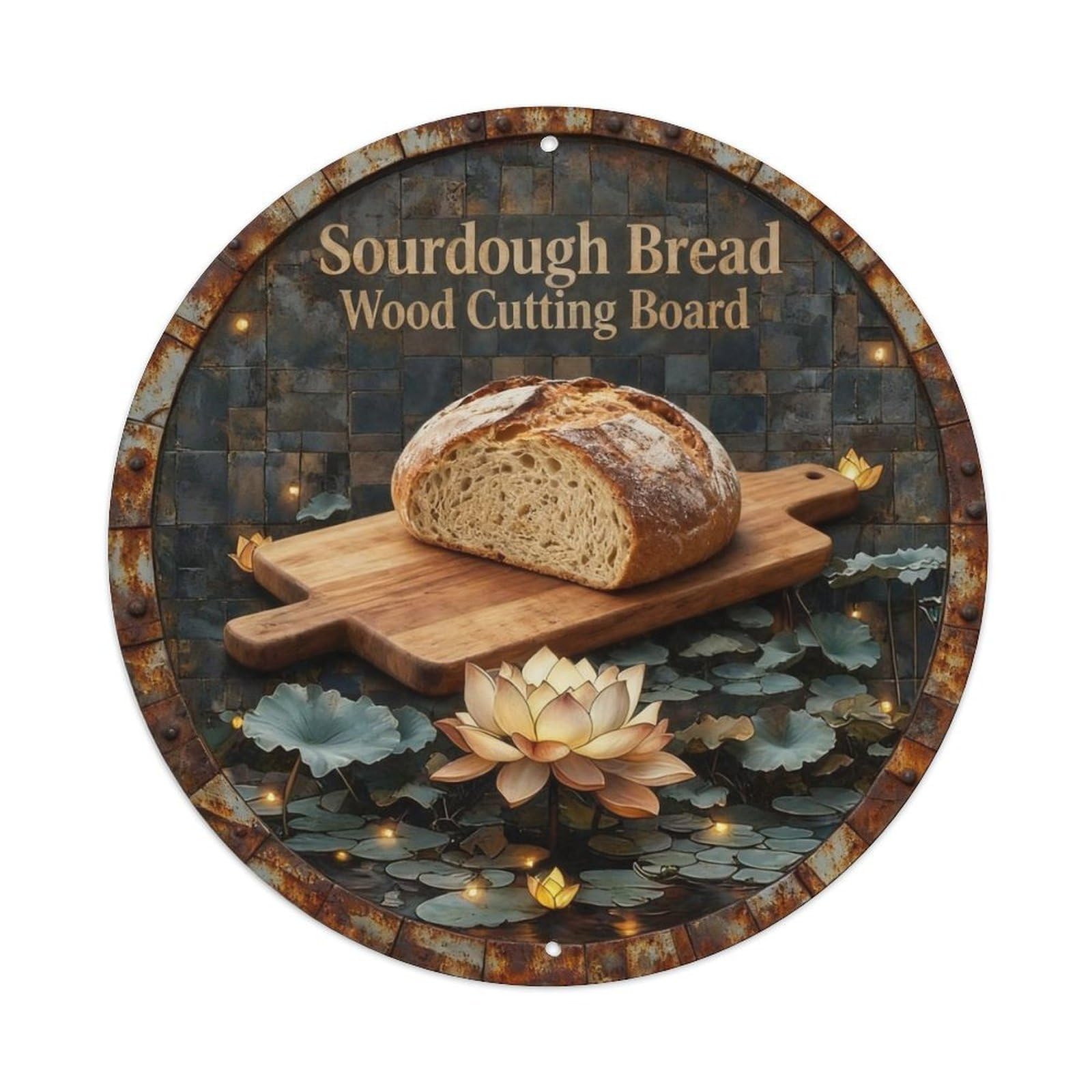 Sourdough Bread Wood Cutting Board Metal Tin Sign Plaque