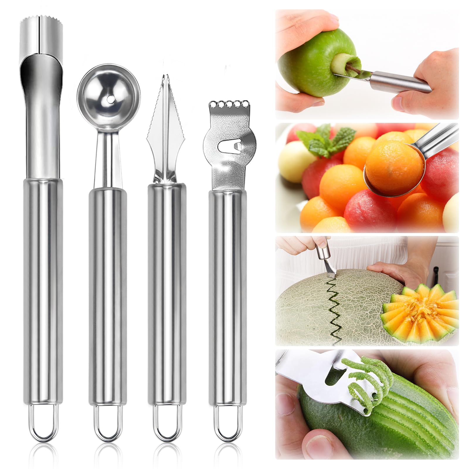 LPZMPZ Vide Pomme CuillèRe à Boule de Melon Couteau Boule à DéCouper Trognon Ensemble D'Outils pour Cantaloup Fruits en Acier Inoxydable 4 en 1 la Cuisine Diy Fruit