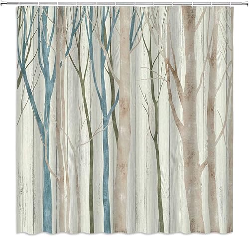 Miniatura 1 de Cortina de ducha de árbol, abedul y bosque, abstracta, acuarela, rústico, al aire libre, temática de granja, árbol, rama, invierno, naturaleza,