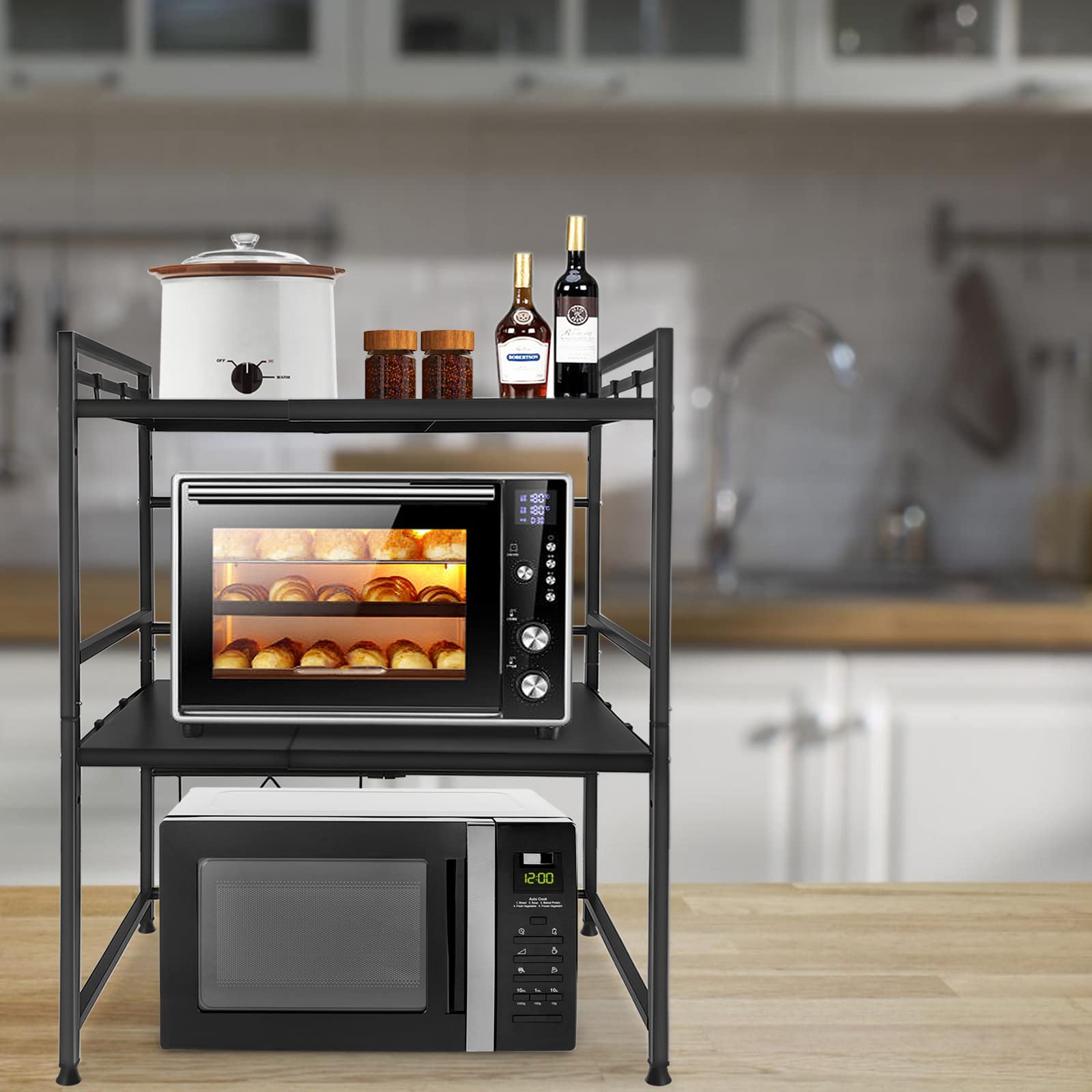 YRHome Erweiterbares Mikrowellen Regal 3-stufiges Mikrowellenständer Mikrowellenhalter Schwarz mit 8 Haken zum Aufhängen Organizer Bäckerregale Mikrowellenregalständer Küchenarbeitsplatten für Küche