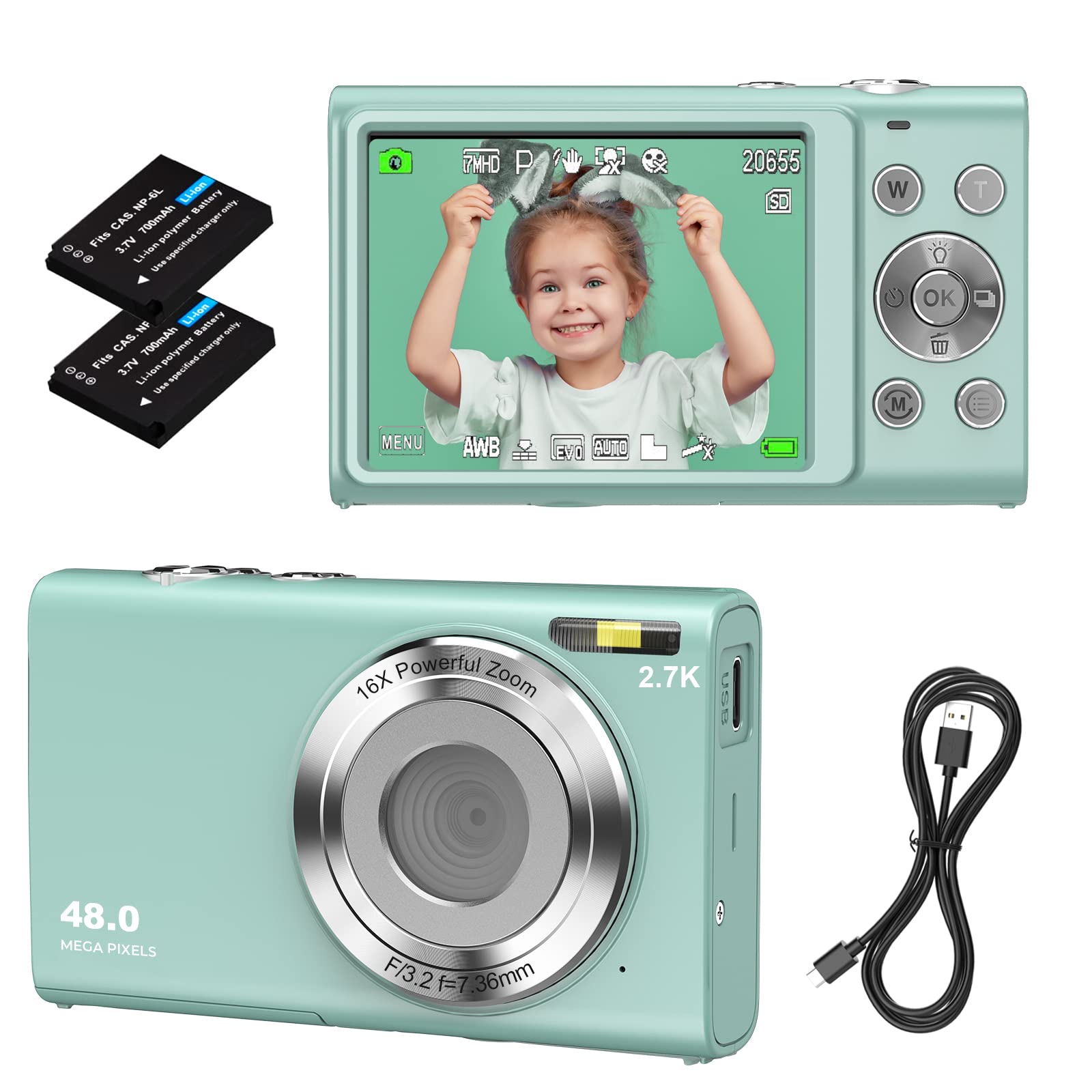 Digital Camera, Autofocus Vlogging Camera FHD 2.7K 48MP with 2.8" Large Screen, 16X Digital Zoom, Compact Camera Portable Mini Camera for Teens,Kids,Adult,Beginners（Green）