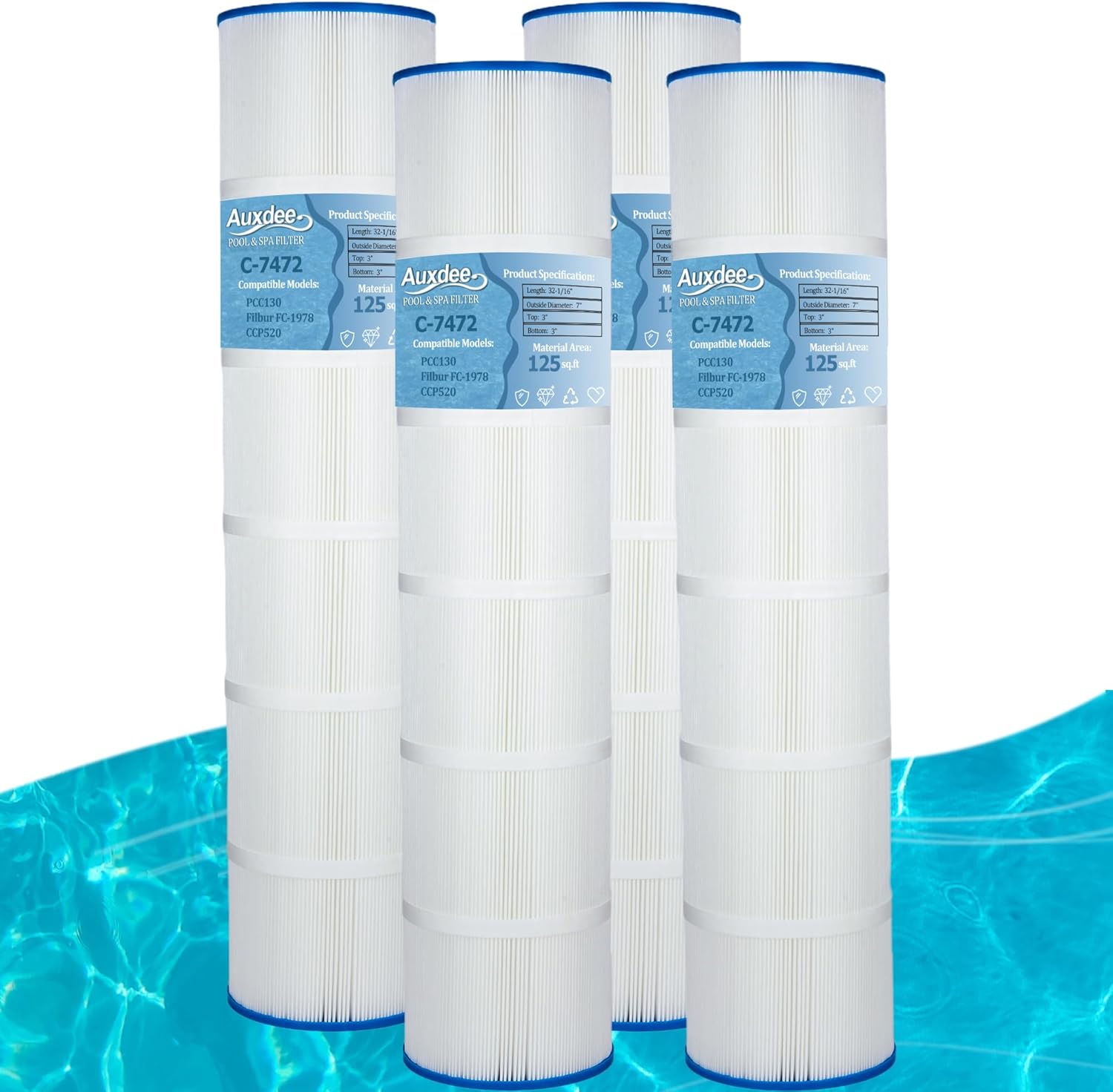 PCC130 Swimming Pool Filter Cartridges Replaces Unicel C-7472 Filbur FC-1978 FC-6475 Clean and Clear Plus 520 CCP520 817-0143 178585 4 X 125 Sq. Ft. L x OD: 32 1/16"x 7" 4 Pack