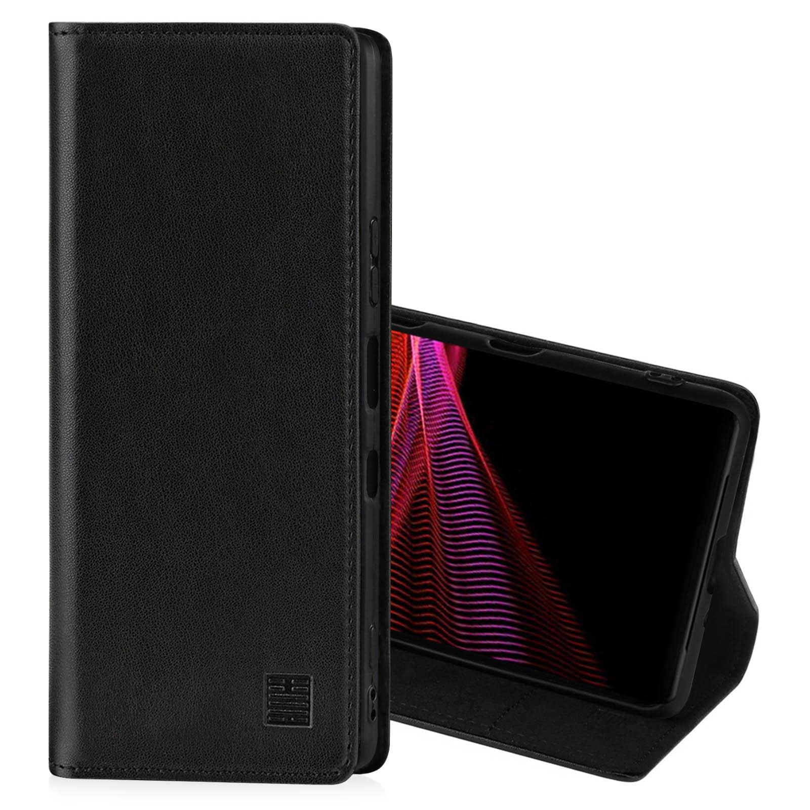 32nd Classic Series 2.0 - Real Leather Book Wallet Flip Case Cover For Sony Xperia 1 III (2021), Real Leather Design With Card Slot, Magnetic Closure and Built In Stand - Black