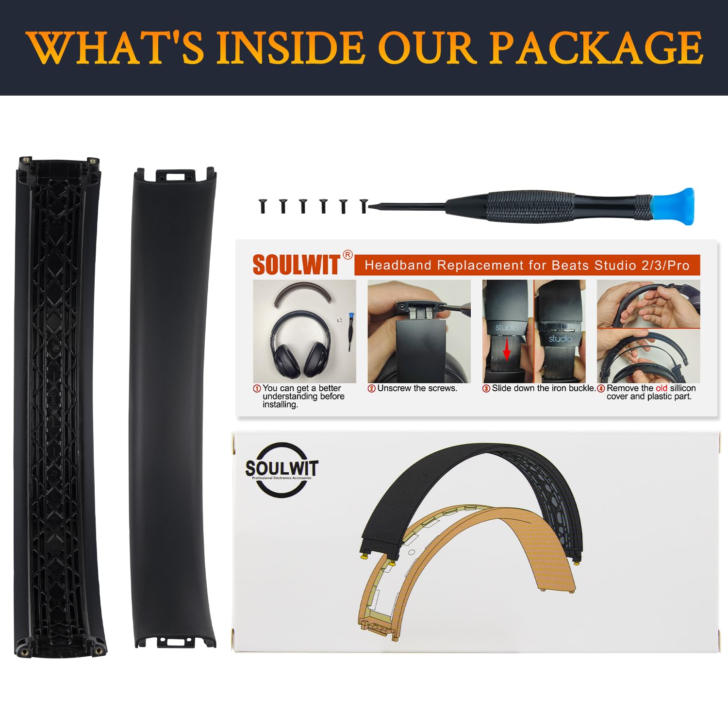 SOULWIT Housse de Bandeau Remplacement pour Beats Studio Pro Antibruit Casque, Pièce de Réparation Headband pour Serre-tête en Silicone et Nylon Durables