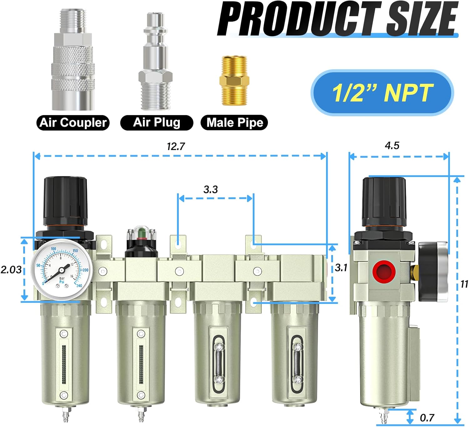 4 Stage Heavy Duty Industrial Grade 3/4" NPT Air Drying System For Plasma Cutter and Paint Spray, Coalescing Filter,Particulate Filter,Double Desiccant Dryer and Air Regulator,Manual Drain