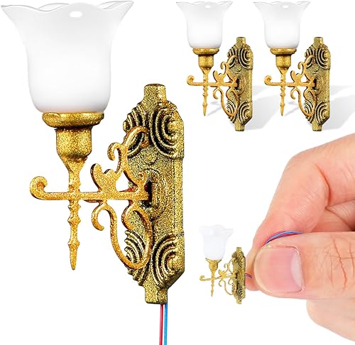 Yardwe 4 luces LED de pared para casa de muñecas, escala 1:87, lámparas de pared en miniatura, musgo para decoración de paisajes, mesa de arena,