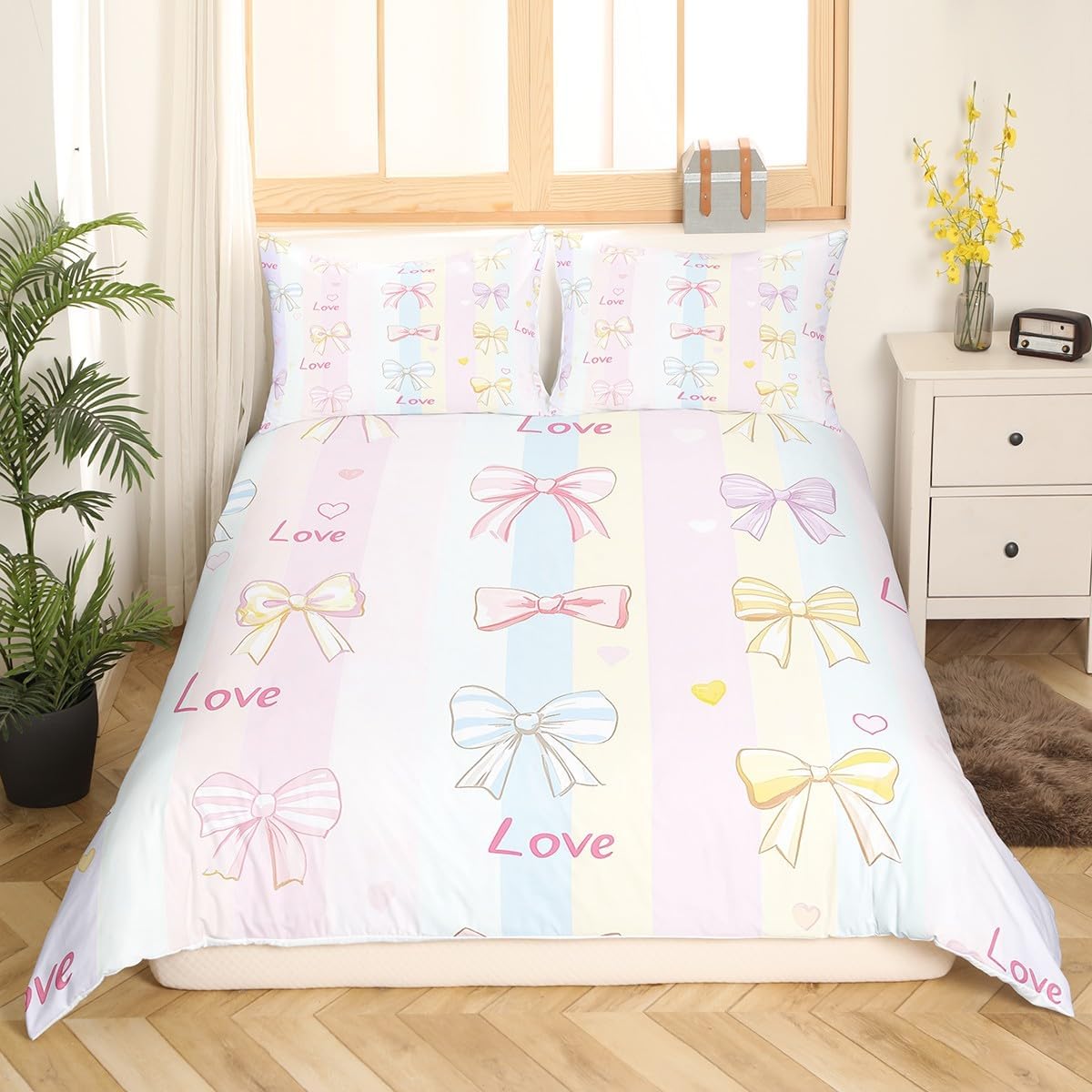 Castle Fairy Kawaii Bowknot Duvet Cover Set Toddler Size Romantic Love Heart Comforter Cover Rainbow Colorful Stripe Bedding Set 2pcs for Kids Cartoon Bow Bedspread Cover,Comforter Not Included