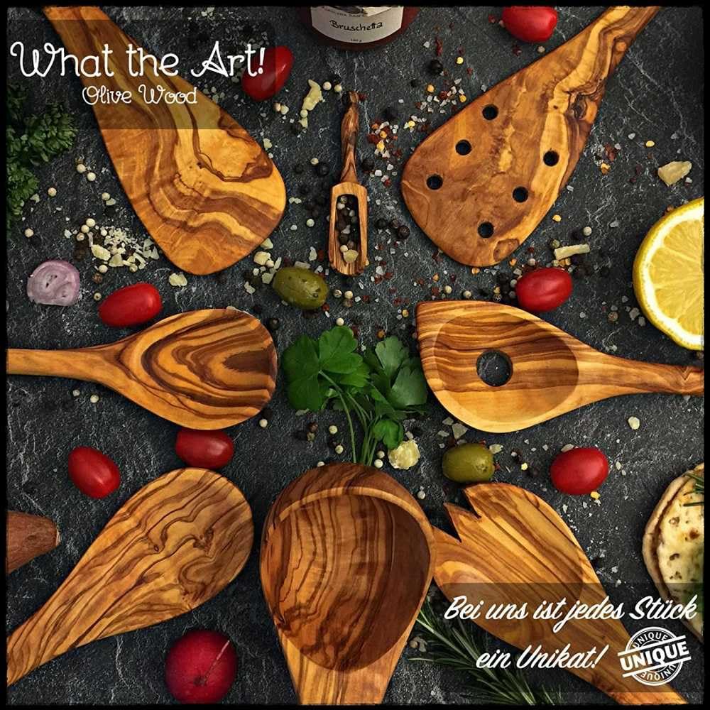 What the Art!® Olive Wood «The Chef» Gr. L | Olivenholz Kochbesteck 7er Set | Handarbeit | 30 cm | Pfannenwender + Pfann. gelocht + Kochlöffel + Reislöffel + Salatbesteck + Suppenkelle