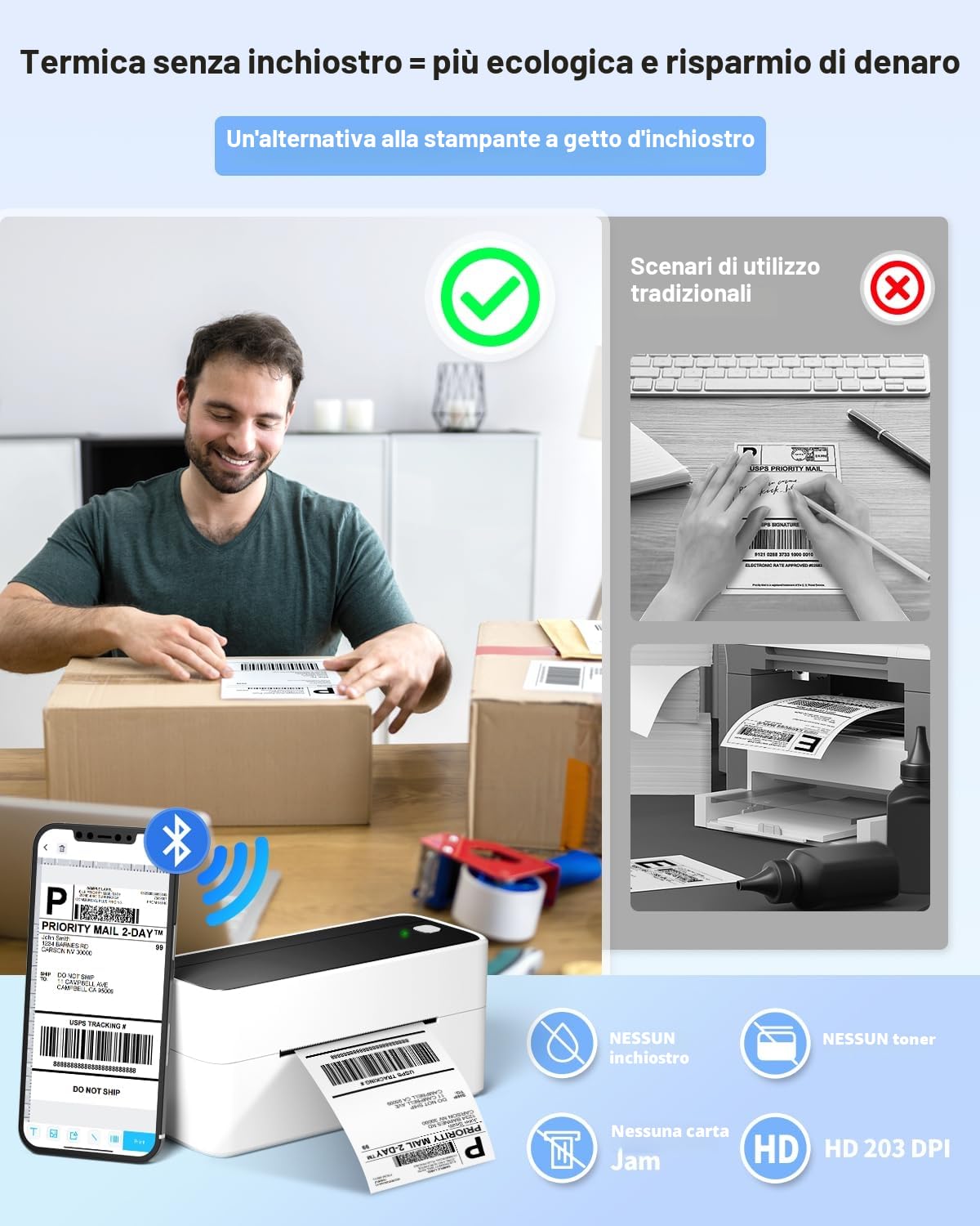 Phomemo PM241BT Stampante Termica, Stampante Etichette Adesive Bluetooth 4x6 (10x15cm), Stampante Etichette Spedizione Compatibile con Amazon, eBay, Shopify, DHL, UPS, Supporta PC/Mac/Smartphone