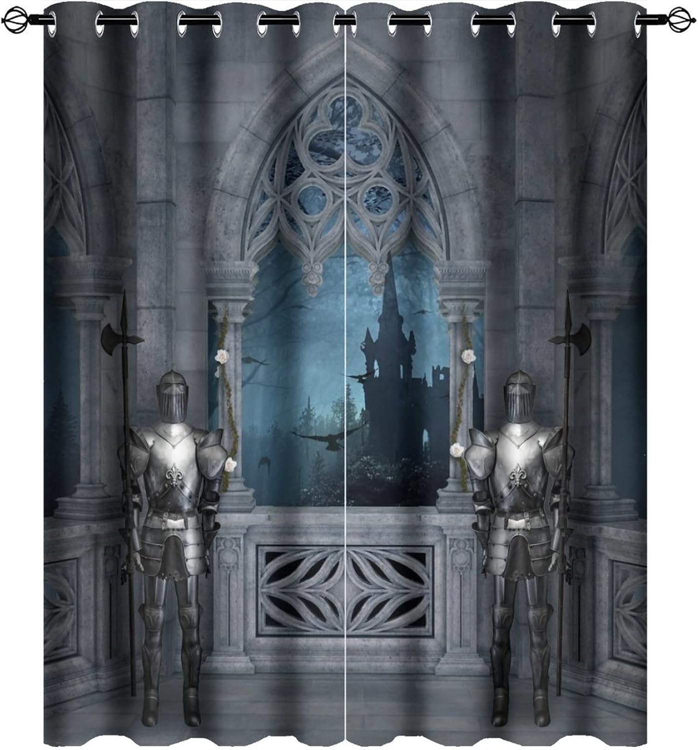 Cartoon Fantasy Castle Curtains,Abstract Vintage Mid Century Gothic Foggy Forest Halloween Window Treatments Thermal Insulated Grommet Blackout Curtains for Bedroom 2 Panels 45L x 21W