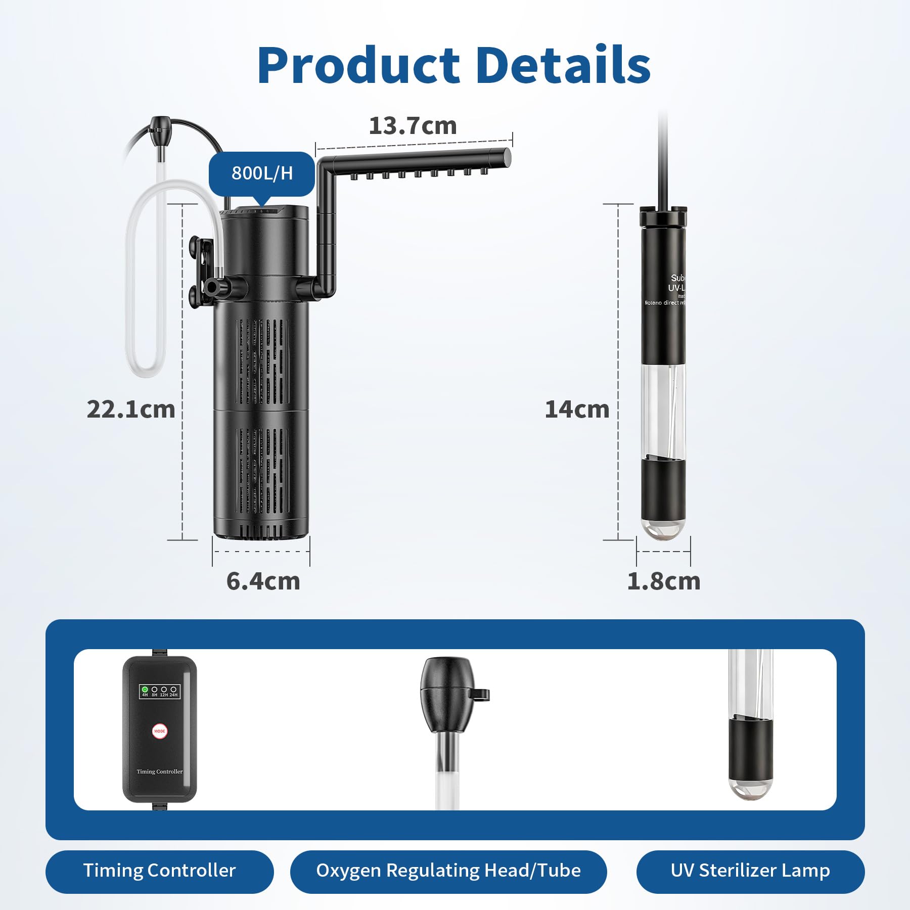 Filtro de Acuario mit 6W UV Esterilizador，5 en 1 Filtro Pecera Interno con Flujo Ajustable para Acuarios de 20-1500 L (800L/H)