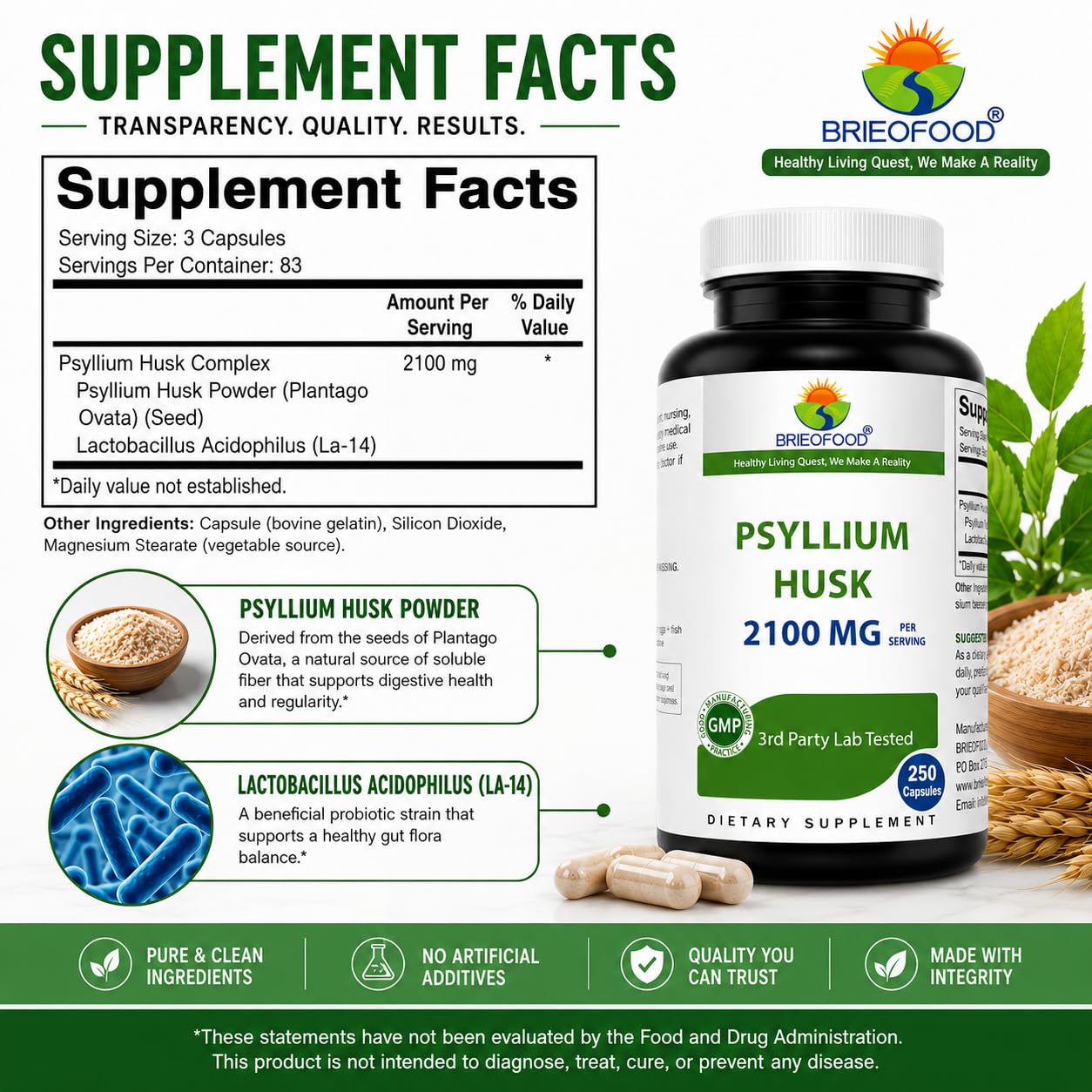 Brieofood Psyllium Husk Fiber Supplement with Lactobaciilus Acidophillus (La-14) - 2100mg per Serving - 250 Capsules - Helps Support Digestion, INTESTINAL Health & Regularity — Amazon image 2