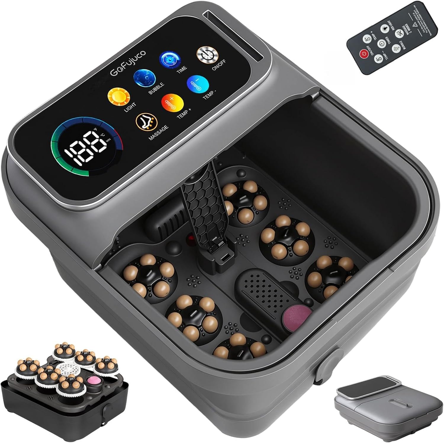 Collapsible Foot Spa with Heat, Electric Foot Bath Massager with Color Touchscreen, 30 Motorized Shiatsu Massage Balls, Temp Control, Bubbles, Remote, Professional Feet Soak Tub for Home