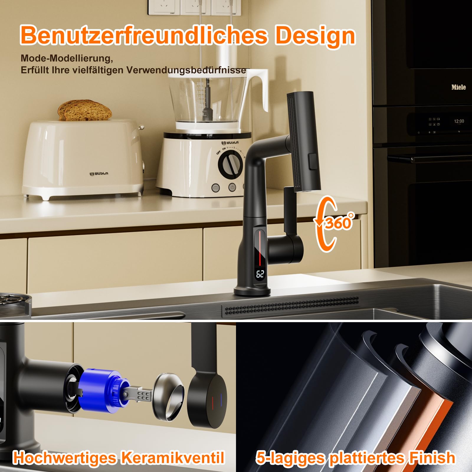 Wasserhahn Küche mit Brause Ausziehbar, 3 Modus Küchenarmatur mit LED Temperaturanzeige, Einhebel Mischbatterie 360° Drehbar Spültischarmatur Küche Armatur Hochdruck, Höhenverstellbar, Schwarz