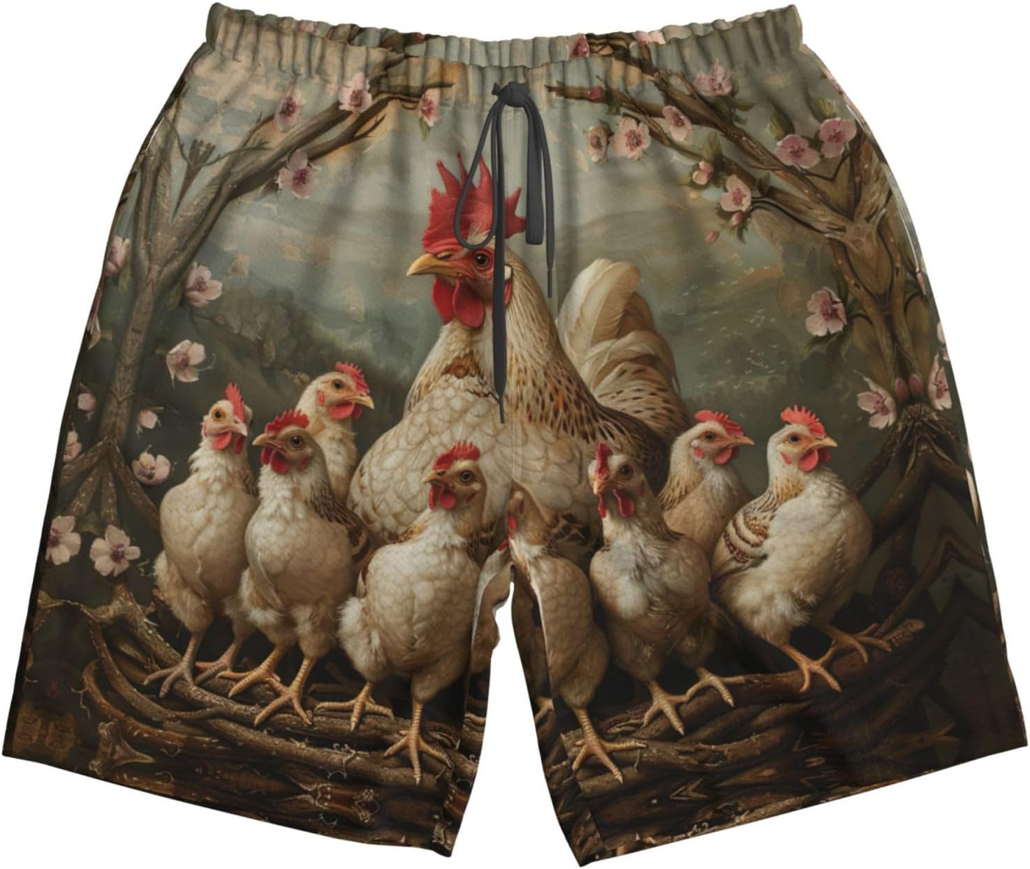 A Brood of Chickens Print Men's Quick-Drying Shorts Casual Beach Pants Stretch Waist Shorts and Pockets