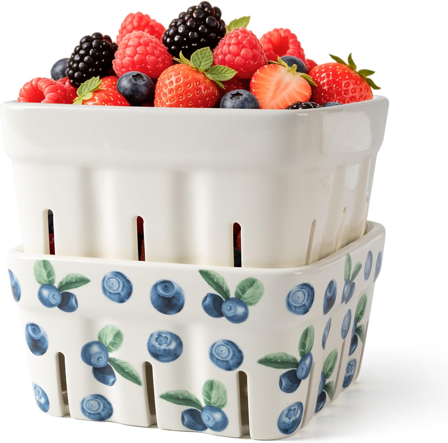 AELS Ceramic Berry Basket, 5.9" Large Size Container for Fruit & Vegetables, Farmhouse Fruit Bowl, Strawberry Decor, Farmers Market, Stoneware Harvest Bowls for Kitchen, Beige and Blueberry