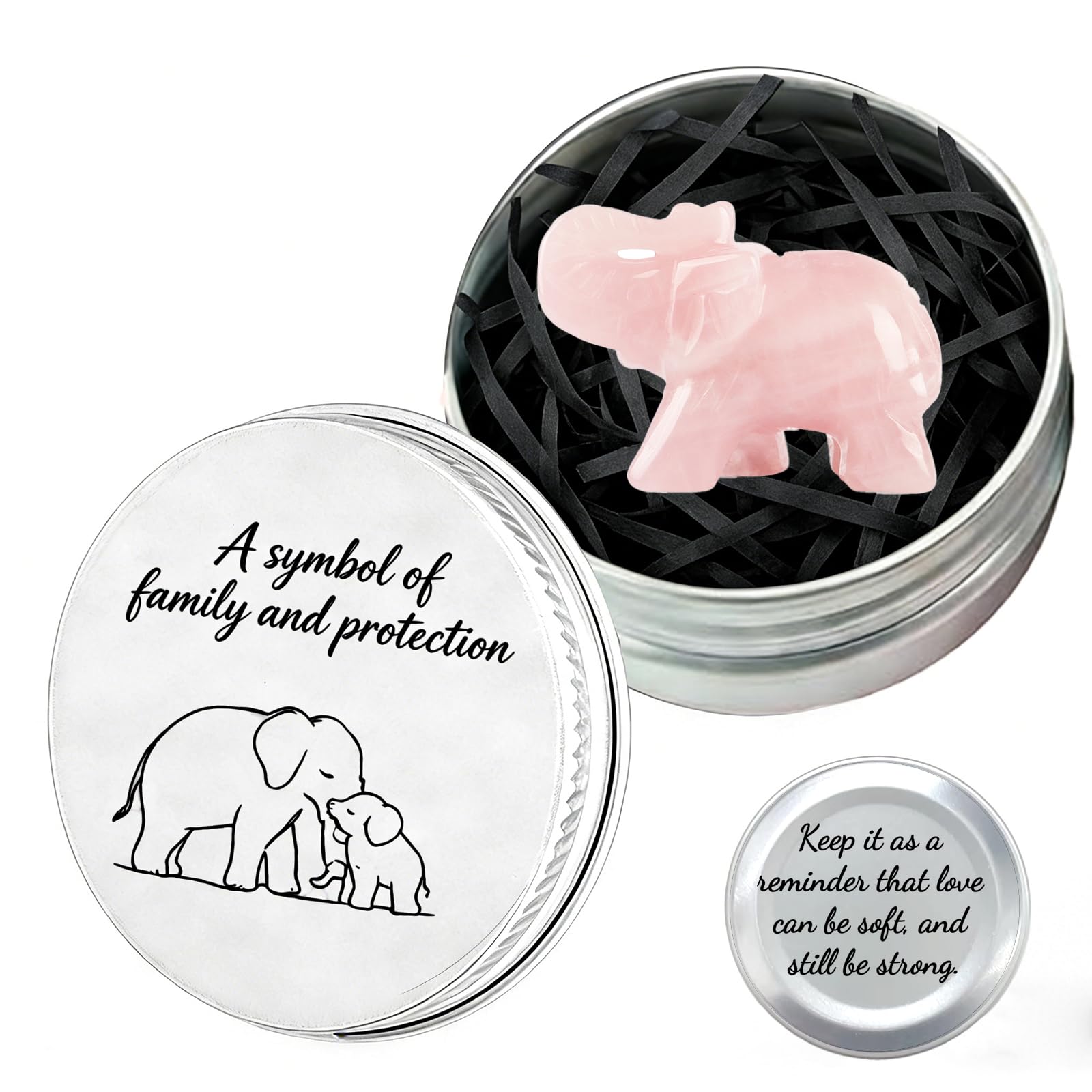 Phiomuue Women's Pink Rose Quartz Elephant Crystal Animal Figurine – Healing Crystal Gifts For Spiritual Gifts In A Tin Box, Crystal Sculpture For Anxiety Relief, Family Protection Symbol, Cute Figurines