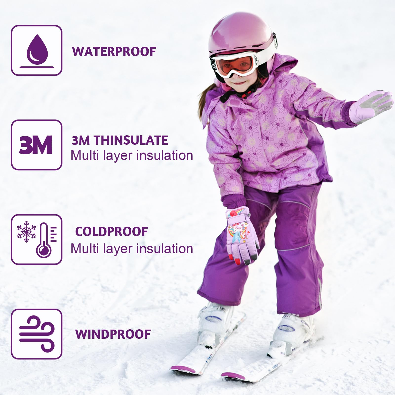 QKURT Kinder-Skihandschuhe, Dicke warme Winterhandschuhe, Winddichte Schneefäustlinge, Kinder-Einhorn-Skihandschuhe, Handschuhe für kaltes Wetter für 2–13 Jahre