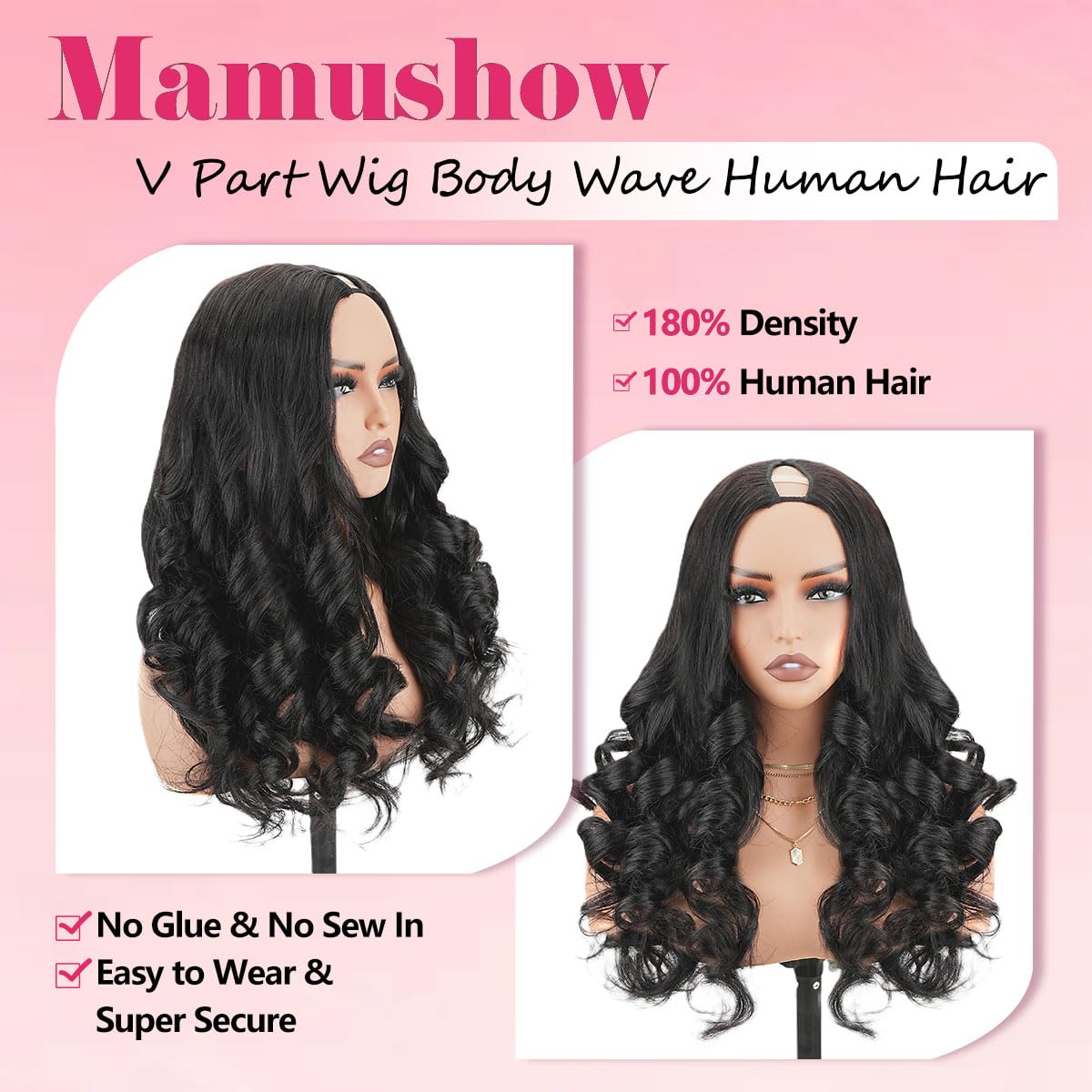 V Part Wigs Human Hair Body Wave 18 Inch Upgrade Glueless U Part Wigs with Elastic Drawsting 180% Density V Shape Clip in Half Wig for Women No Gel No Sew in Beginner Friendly Natural Color