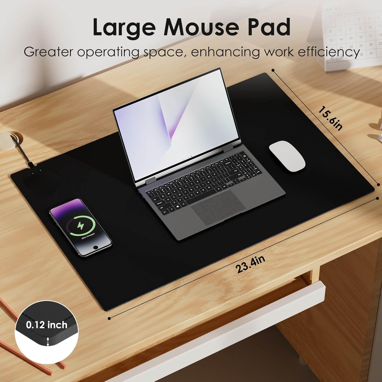 Magnetic Mouse Pad with Wireless Charging, 23.4'' x 15.6'' Extra Large Desk Pad, Waterproof and Scratch-Resistant Mousepad, Charcoal Black Computer Mouse Mat for MacBook, PC, Laptop