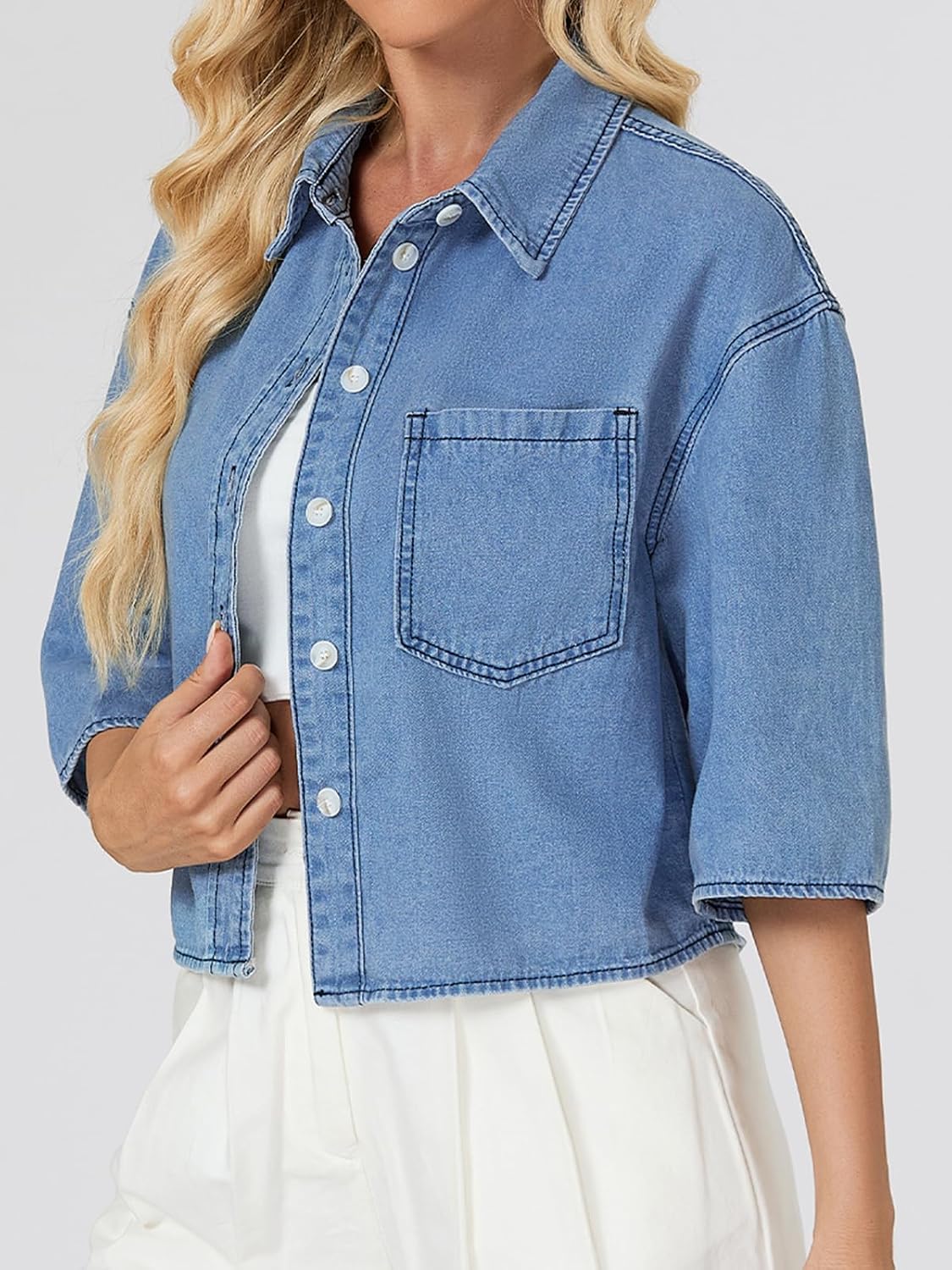 LifeShe Womens Denim Shirt Short Sleeve Cropped Jean Jacket Button Down Lightweight Denim Jacket with Pockets