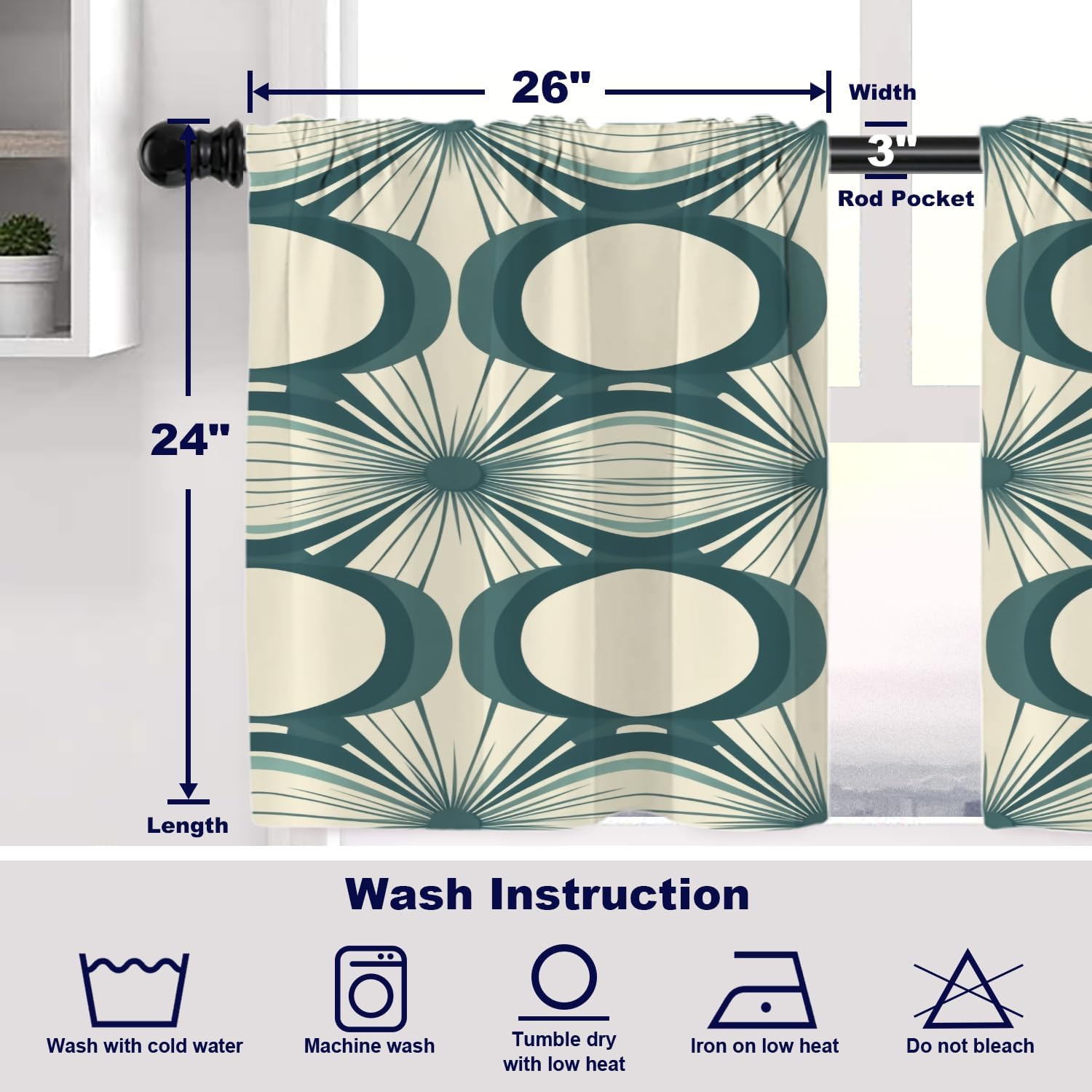 Batmerry Abstract Repeating Tier Curtains, Minimalist Art Modern Cafe Curtain Short Kitchen Drapes Small Valance for Bathroom, 2 Pack 26X24 Inches