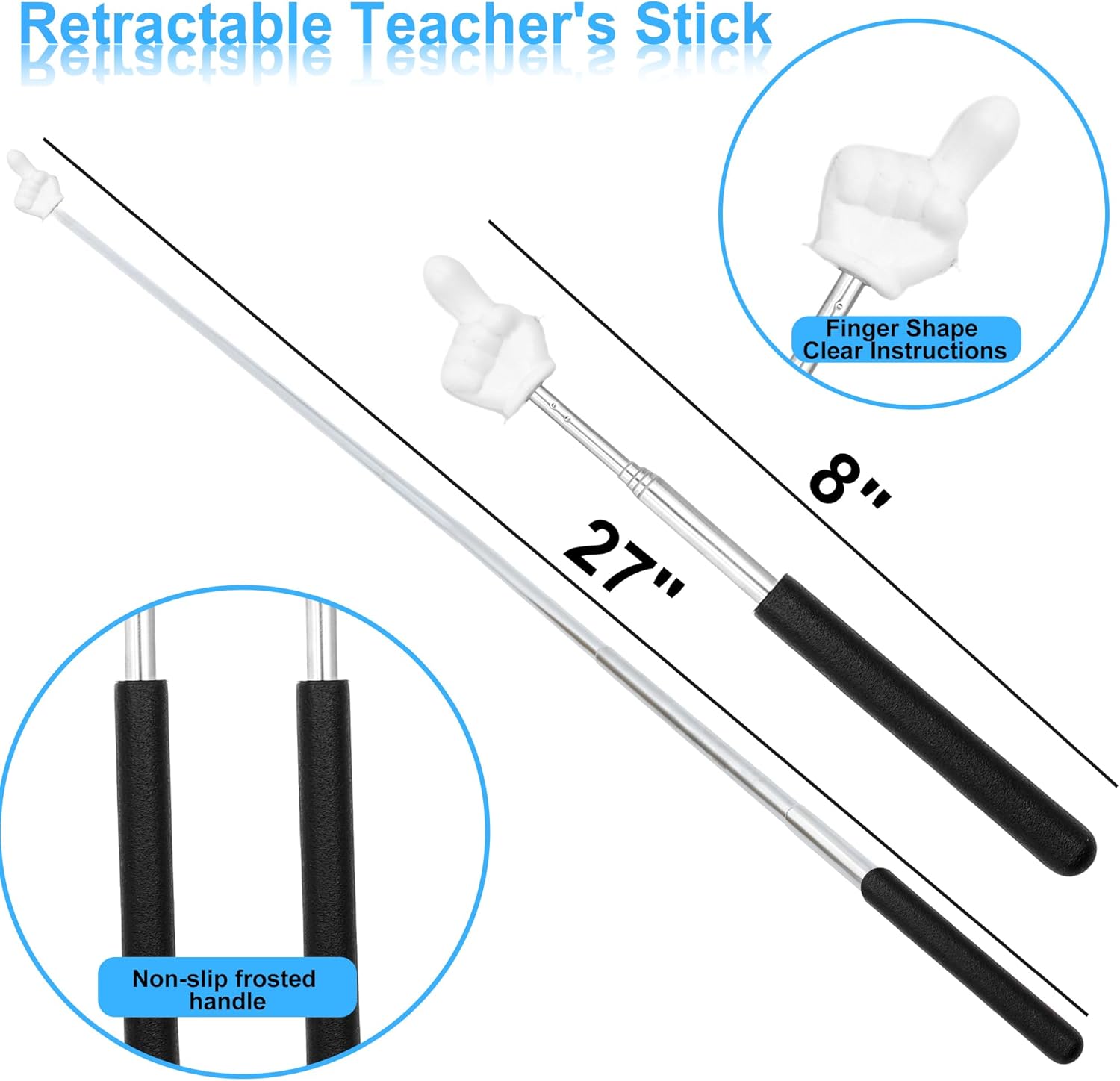 2Pcs Telescopic Teachers Pointer, Mini Pointer Finger Stick for Classroom, Retractable Hand Pointer for School Presentations (Black)