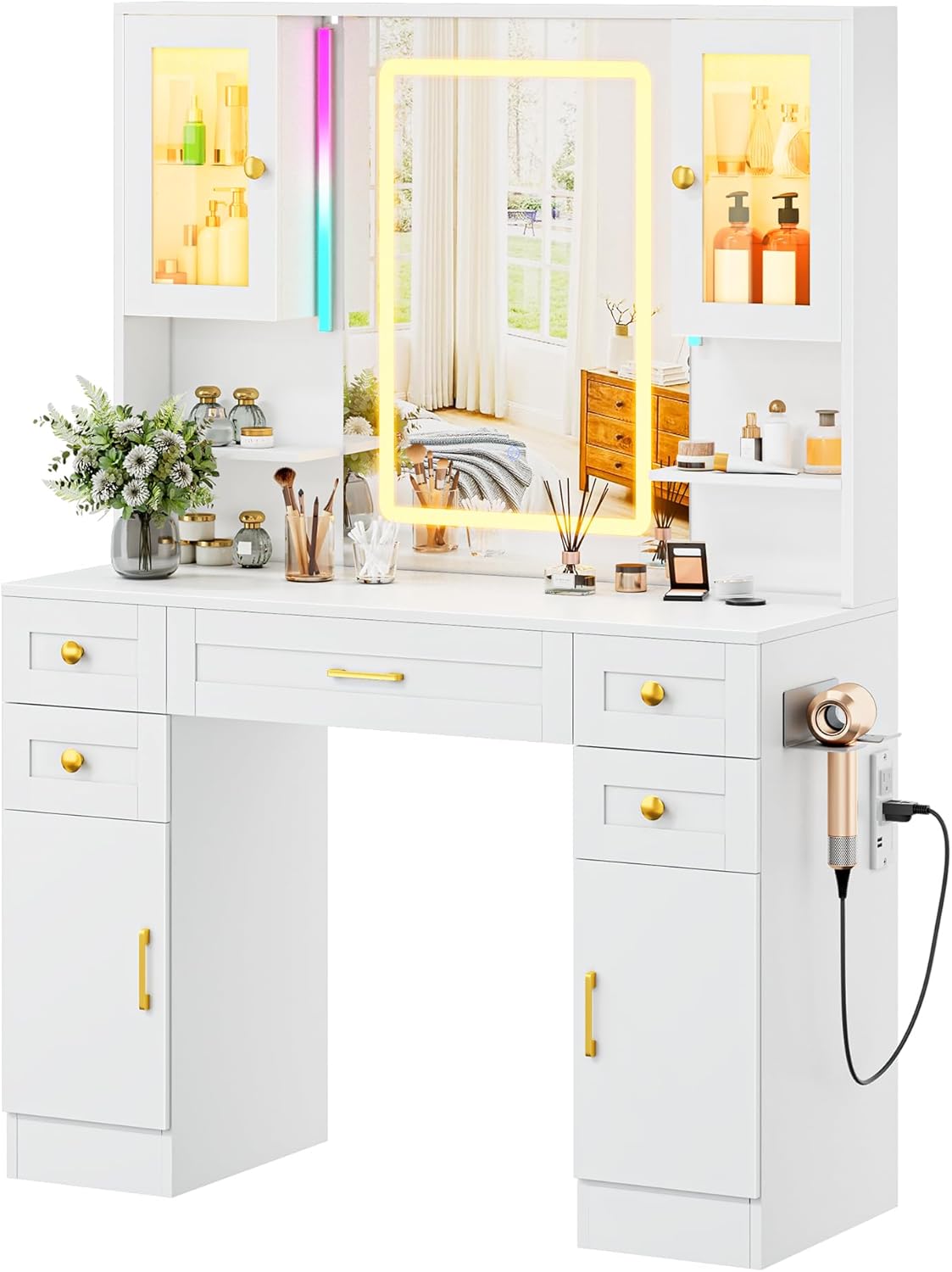 NUNU LAB Large Vanity Desk with Mirror and Lights with 5 Drawers and Cabinets, Women Makeup Table with Power Outlet 40 Inchs, 3-Color Adjustable Lighting for Bedroom (049 White)