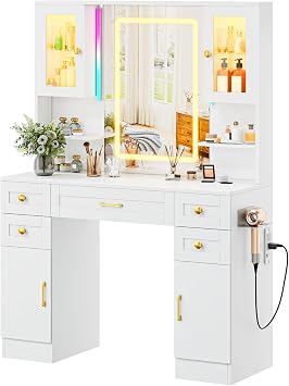 NUNU LAB Large Vanity Desk with Mirror and Lights with 5 Drawers and Cabinets, Women Makeup Table with Power Outlet 40 Inchs, 3-Color Adjustable Lighting for Bedroom 049 White
