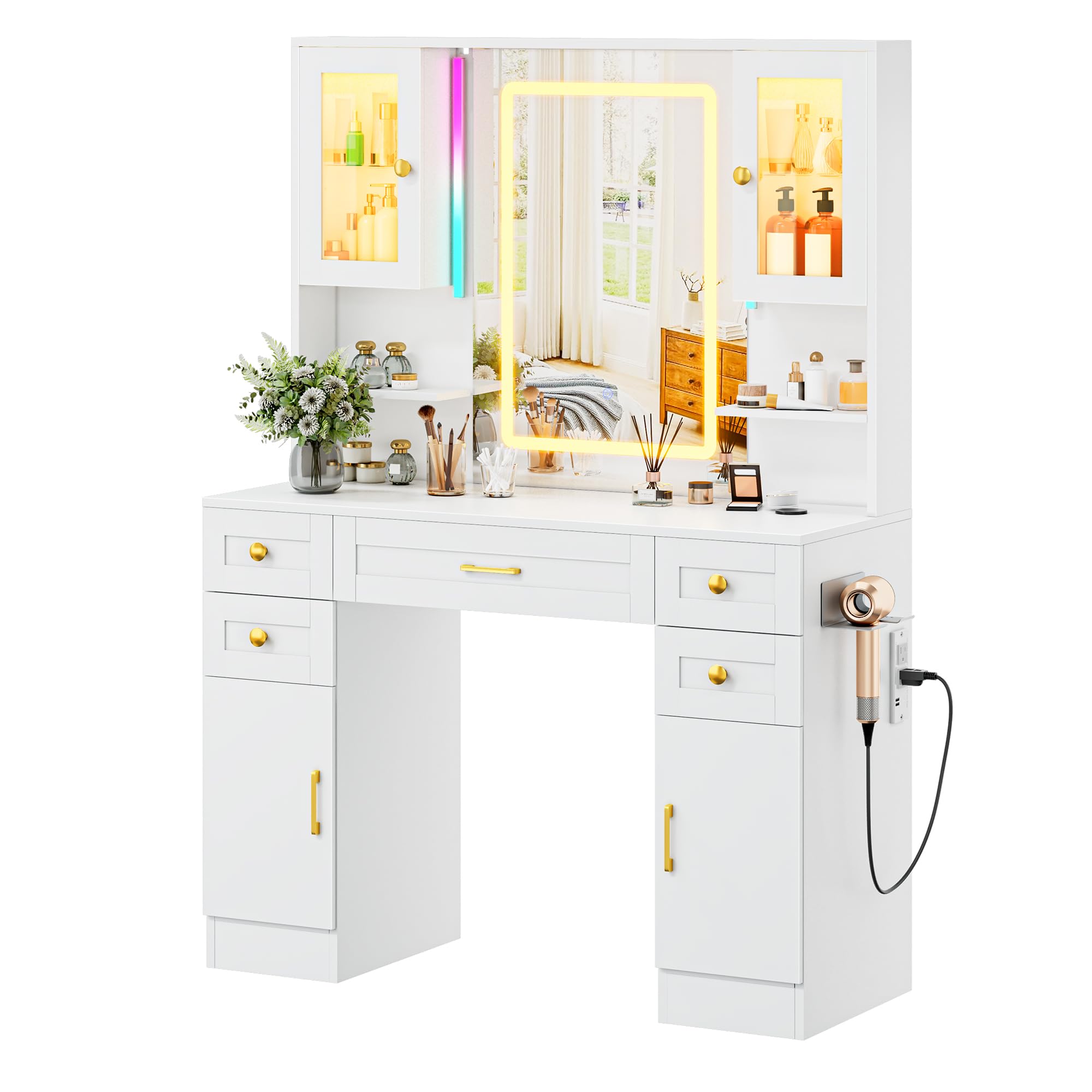 KAMABOKO White Vanity Desk with Mirror, Makeup Vanity Table with 5 Drawers, 2 Storage Cabinets & 2 Glass-Door Display Cabinets for Bedroom and Dressing Room