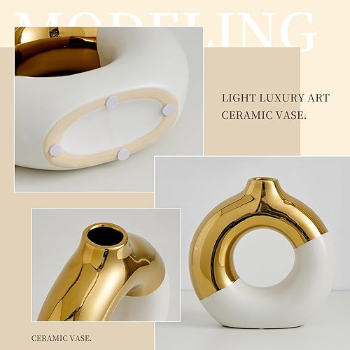 Miniatura 8 de FJS Jarrón redondo de cerámica de 8 pulgadas de largo x 8 pulgadas de alto, blanco y dorado para hierba de las pampas, jarrones modernos nórdicos