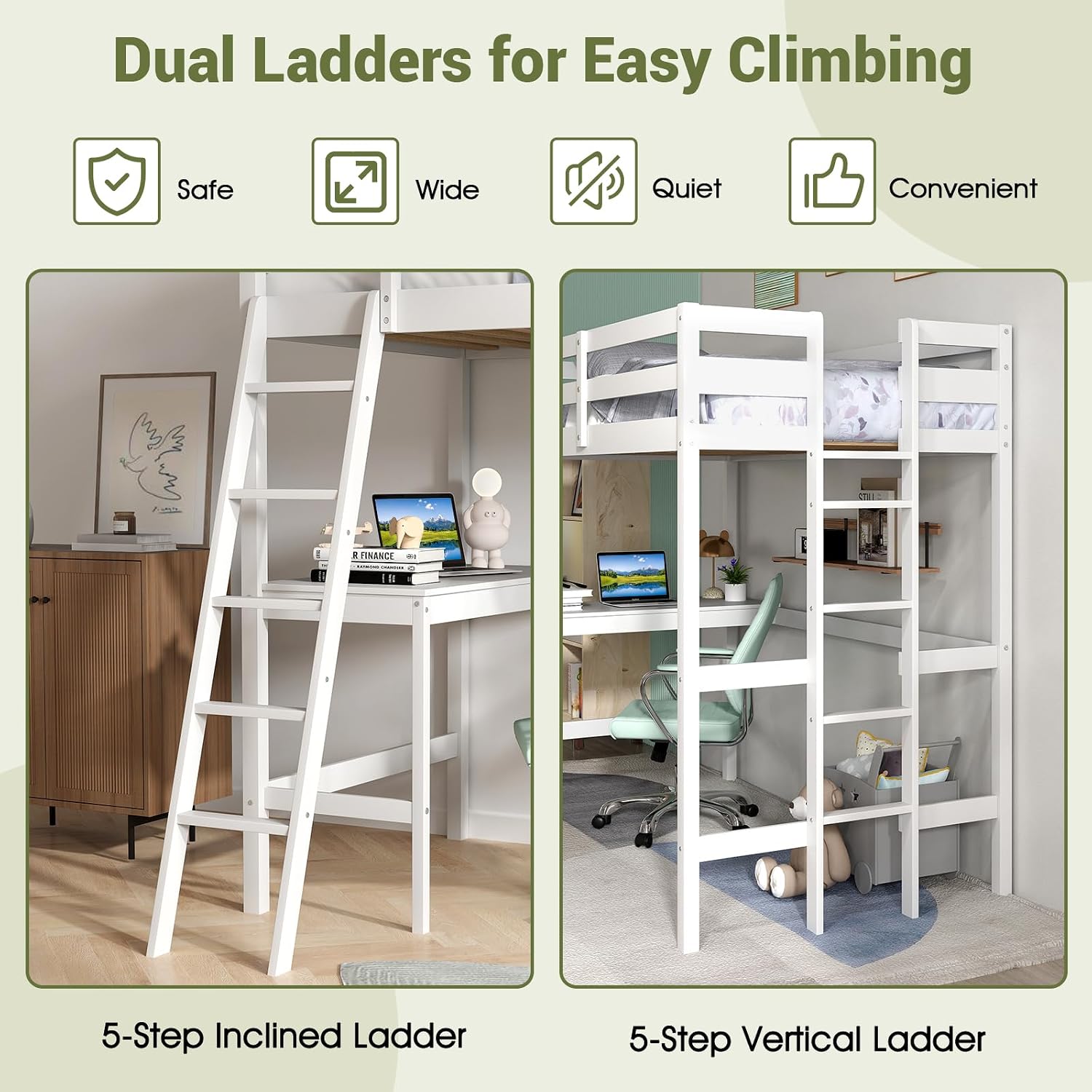 KOTEK Twin Loft Bed with Desk, Solid Wood Loft Bed Frame with 2 Ladders & Safety Guardrail, Modern Space-Saving Loft Bed for Kids Teenagers, No Box Spring Needed (White)