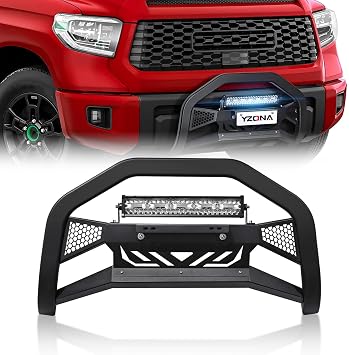 YZONA Bull Bar with License Plate Frame & LED Light Bar Compatible for 2007-2021 Toyota Tundra, Truck Grille Guard Brush Push Bar Front Bumper Include Light Mount & Skid Plate