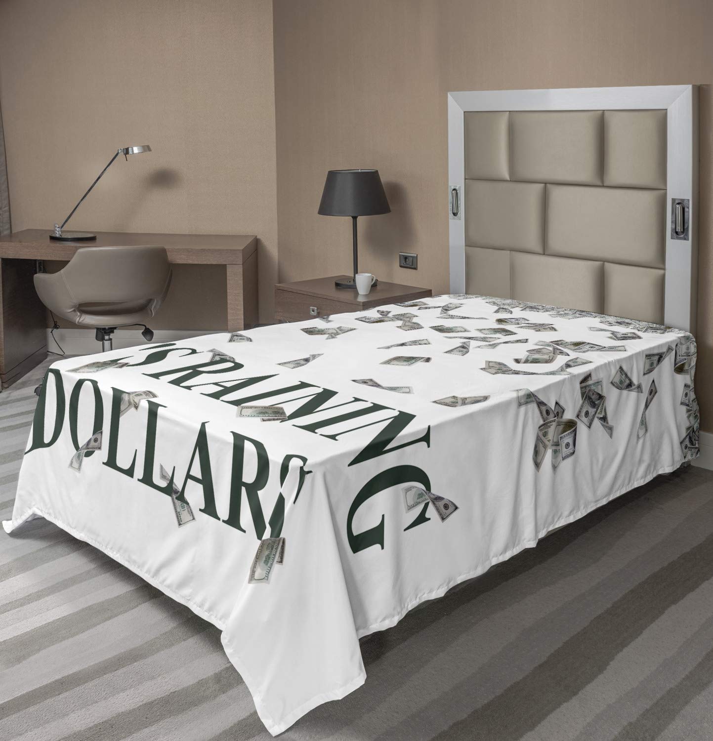 Ambesonne Money Flat Sheet, It's Raining Dollars Typography with Spreading Money Richness and Wealth Themes, Soft Comfortable Top Sheet Decorative Bedding 1 Piece, TwinXL Size, Dark Green White