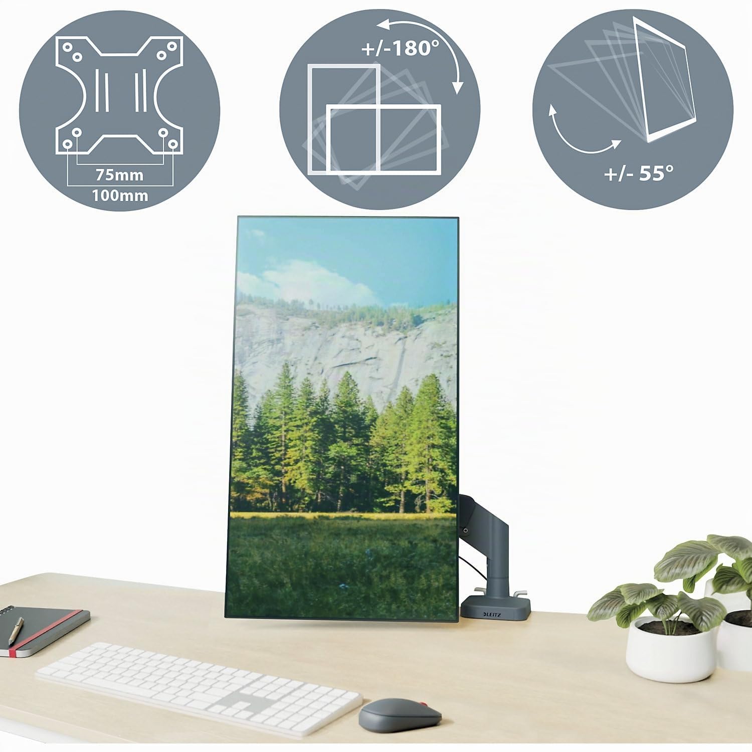 Leitz 64890089 - Soporte Ergo para Monitor Individual, con Certificación TÜV e IGR, Brazos Plegables Versátiles, Brazo Gris Oscuro para Monitores de hasta 32", Gris Terciopelo