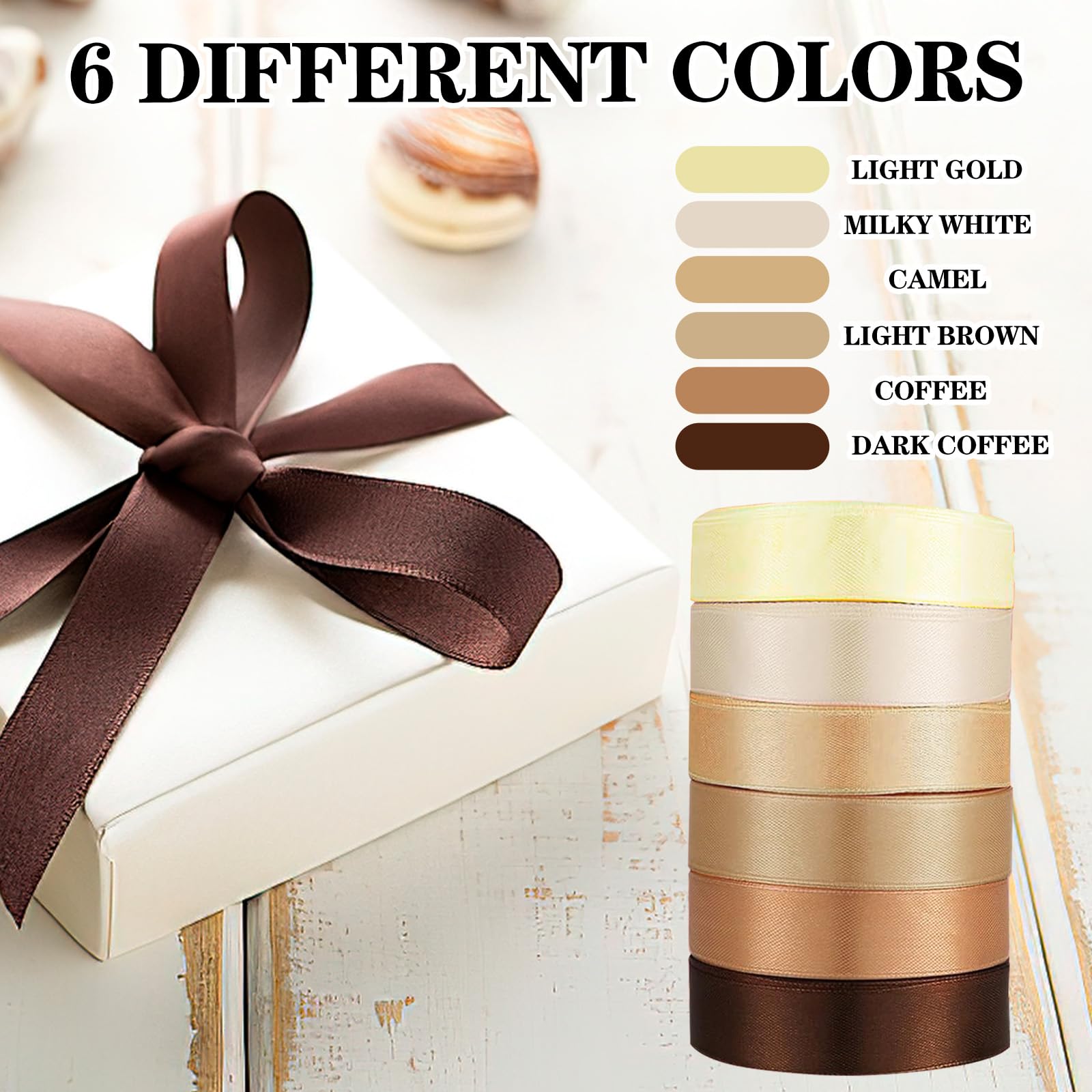 6 Rouleaux Ruban Cadeau, 2.5 Cm X 22 M Polyester Ruban Satin