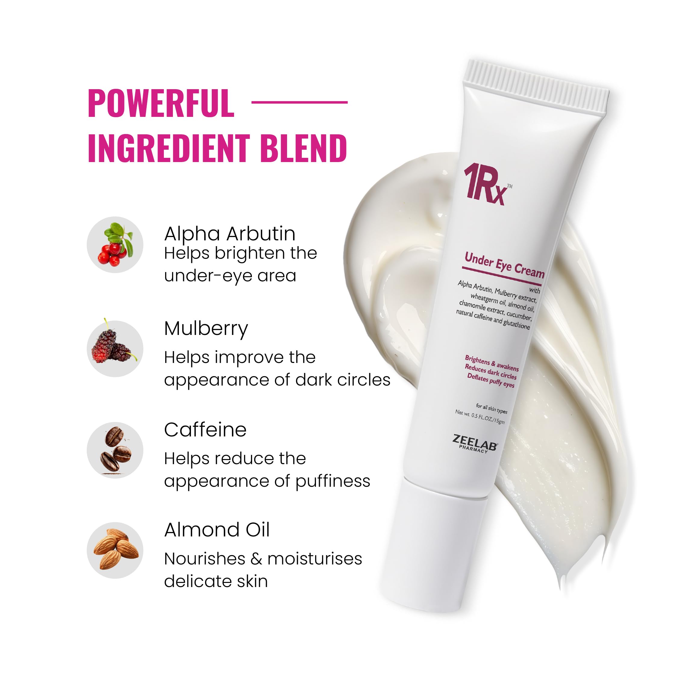 1RX Under Eye Cream with Alpha Arbutin, Natural Caffeine, Glutathione, Mulberry Extract, Almond Oil, Wheat Germ Oil, Chamomile & Cucumber Extract | Helps Reduce Dark Circles & Puffiness | 20g — Amazon image 4